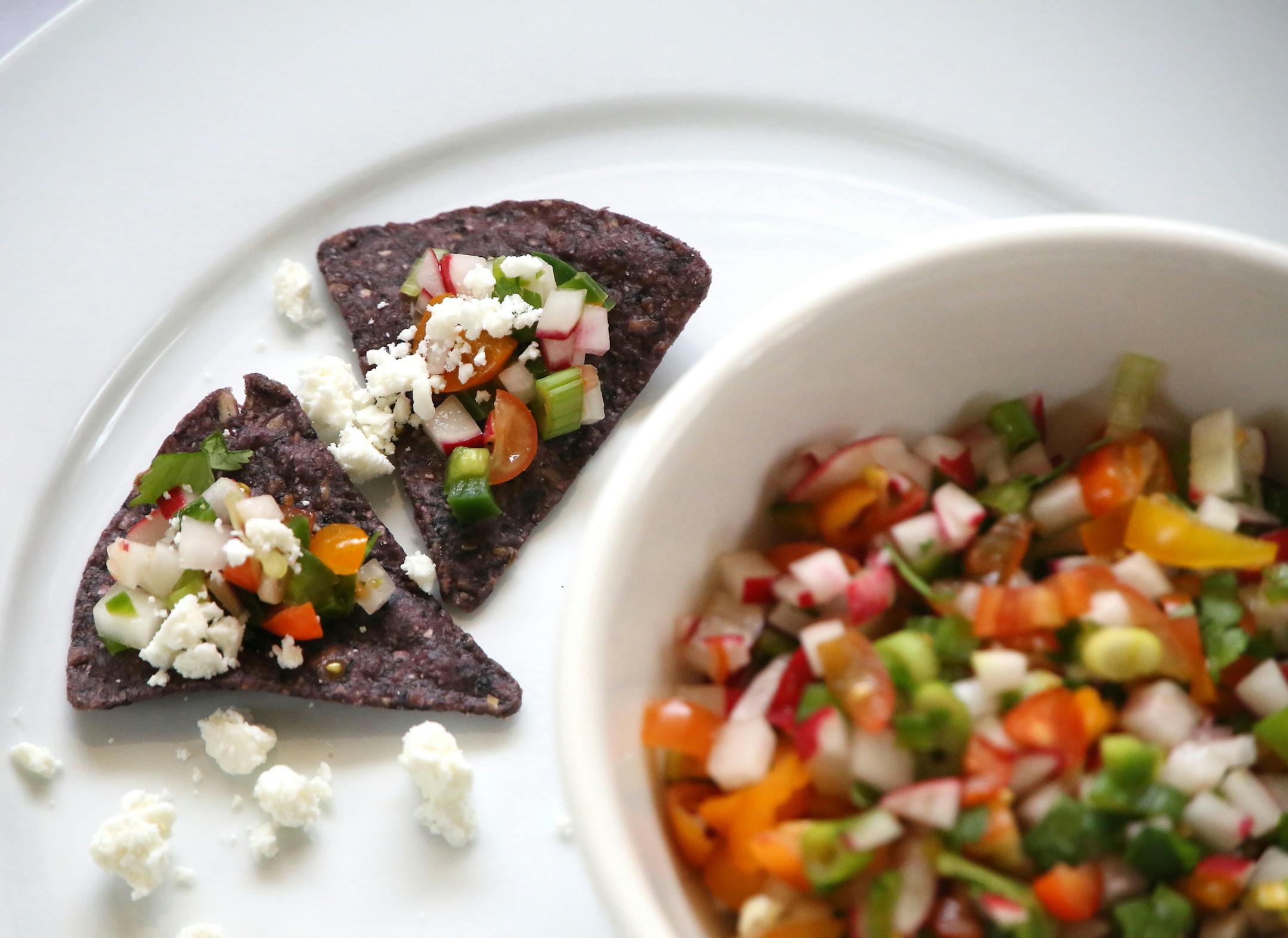 Radish Salsa with Chips and Cojita.