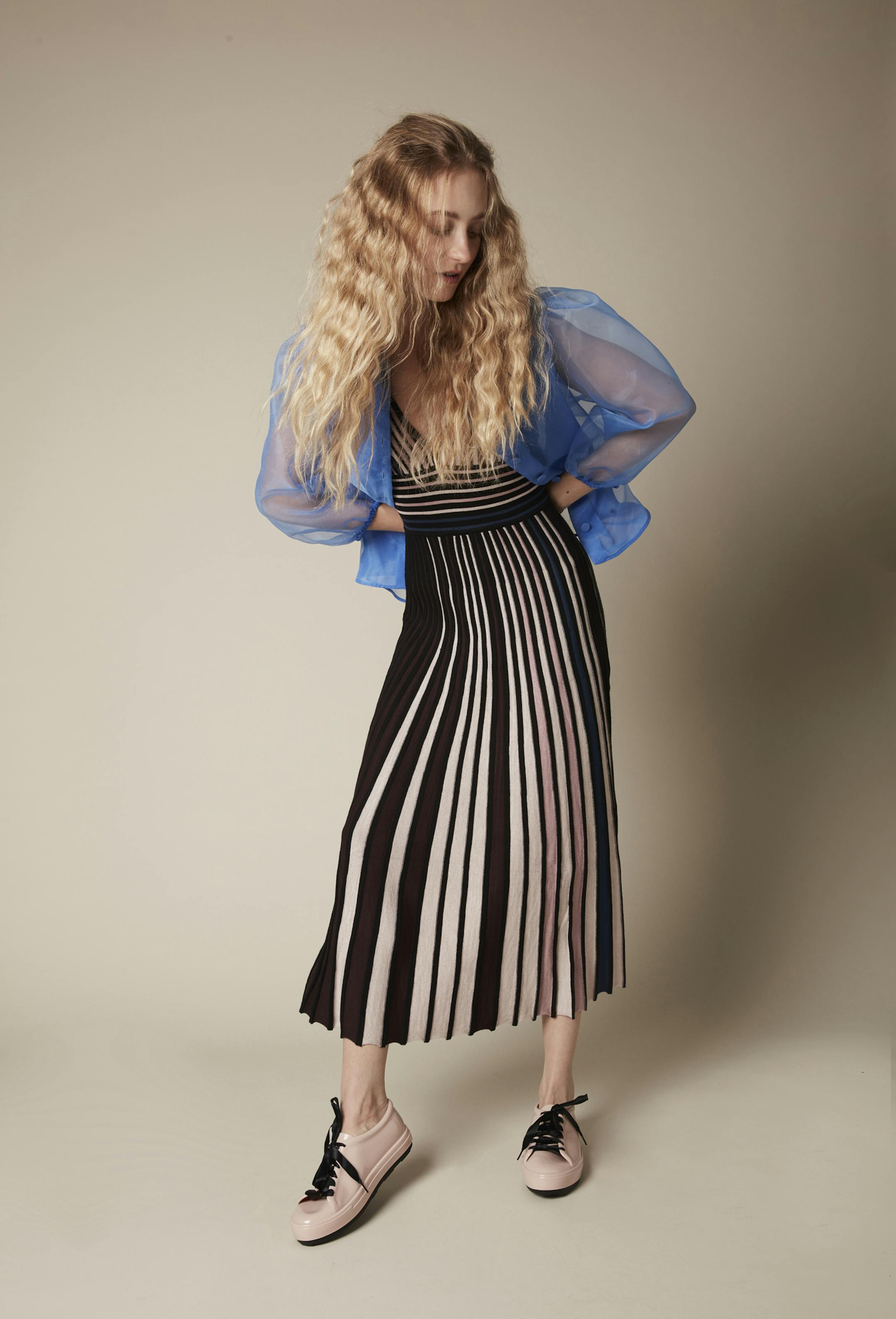 Fisherman's Wharf: Style shoot for fall 2019 magazine Sheer Blouse $70; Knit Dress $70; zara.com
Melissa Shoes, $70; nordstromrack.com Photographer: Lauren Krysti, laurenkrysti.com
Creative Director and Stylist: Barbara Schmidt, studiobstyle.com
Hair and Makeup Fatima Olive, fatimaolive.com
Model: Callie McLaughlin