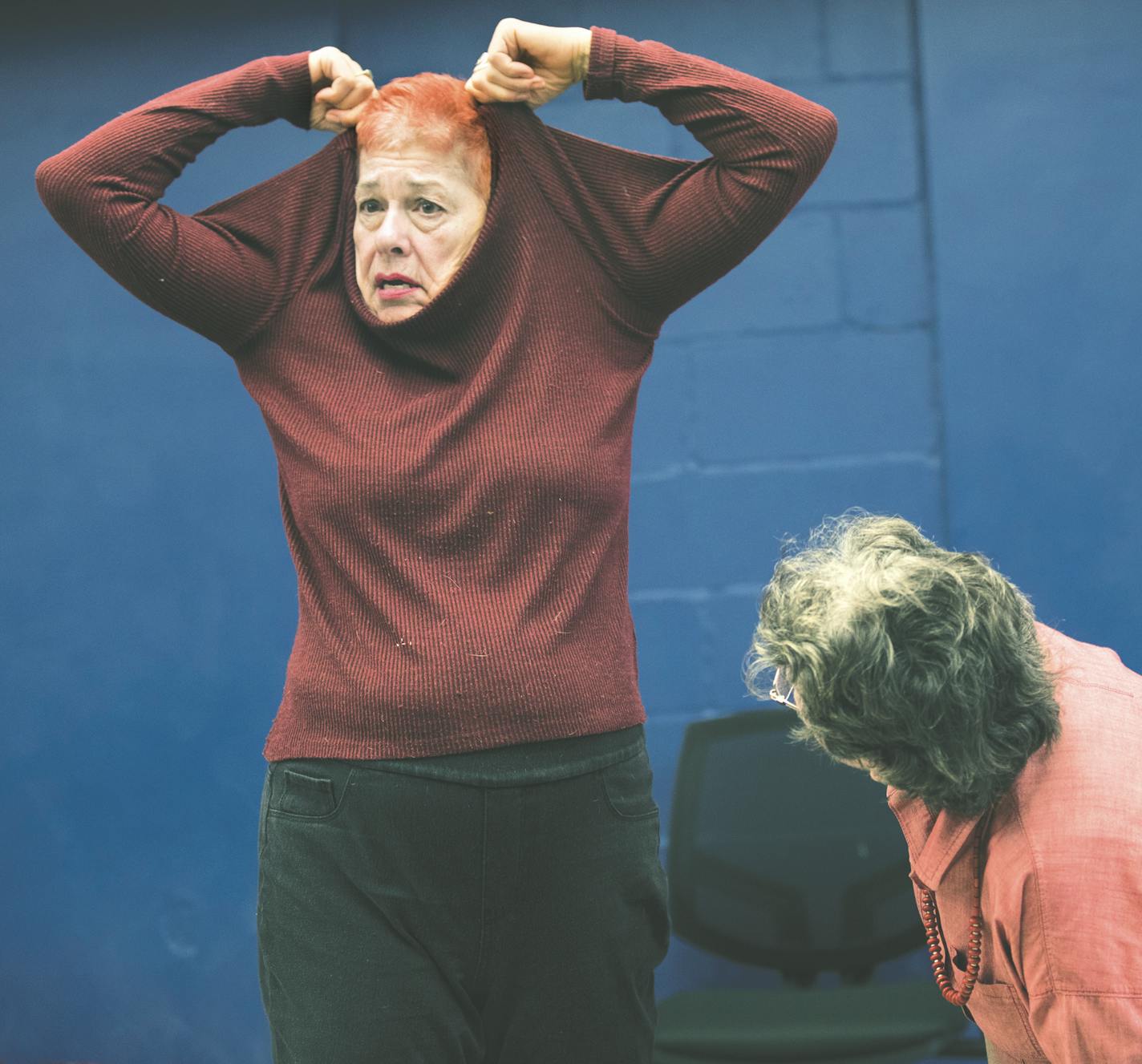 Nikki LaSorella, 73, worked with Susan Youngdahl, 79, on an improv exercise during class at Brave New Workshop in Minneapolis.