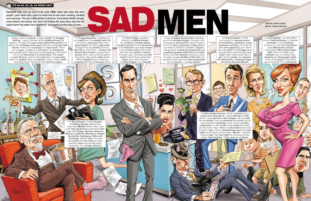The opening spread of Tom Richmond’s “Mad Men” satire for Mad Magazine. The show’s cast later signed a copy for him.