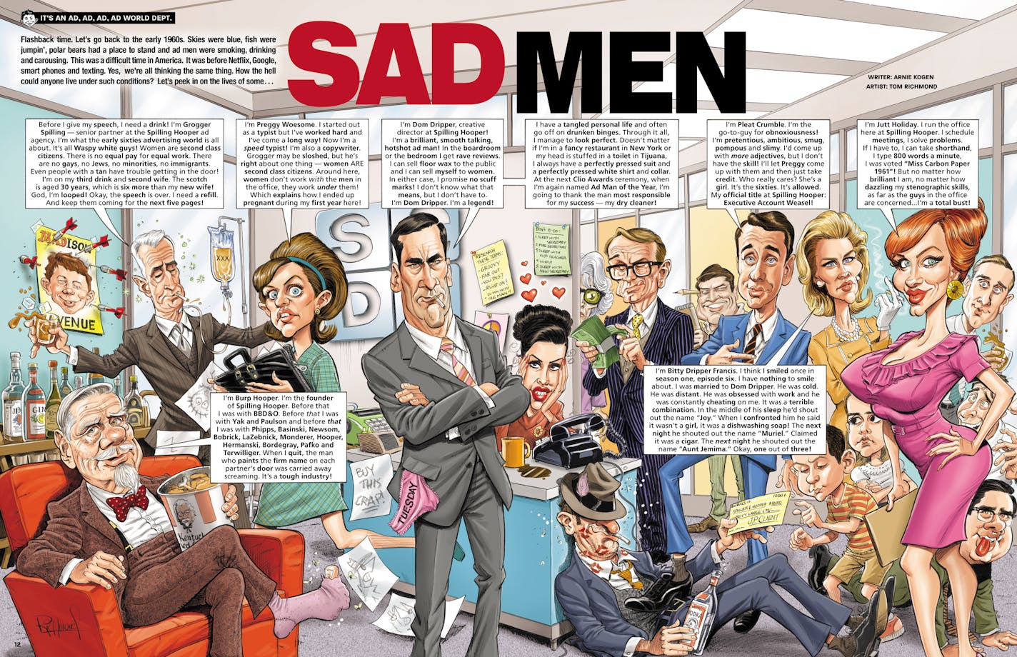 The opening spread of Tom Richmond's "Mad Men" satire for Mad Magazine. The show's cast later signed a copy for him.