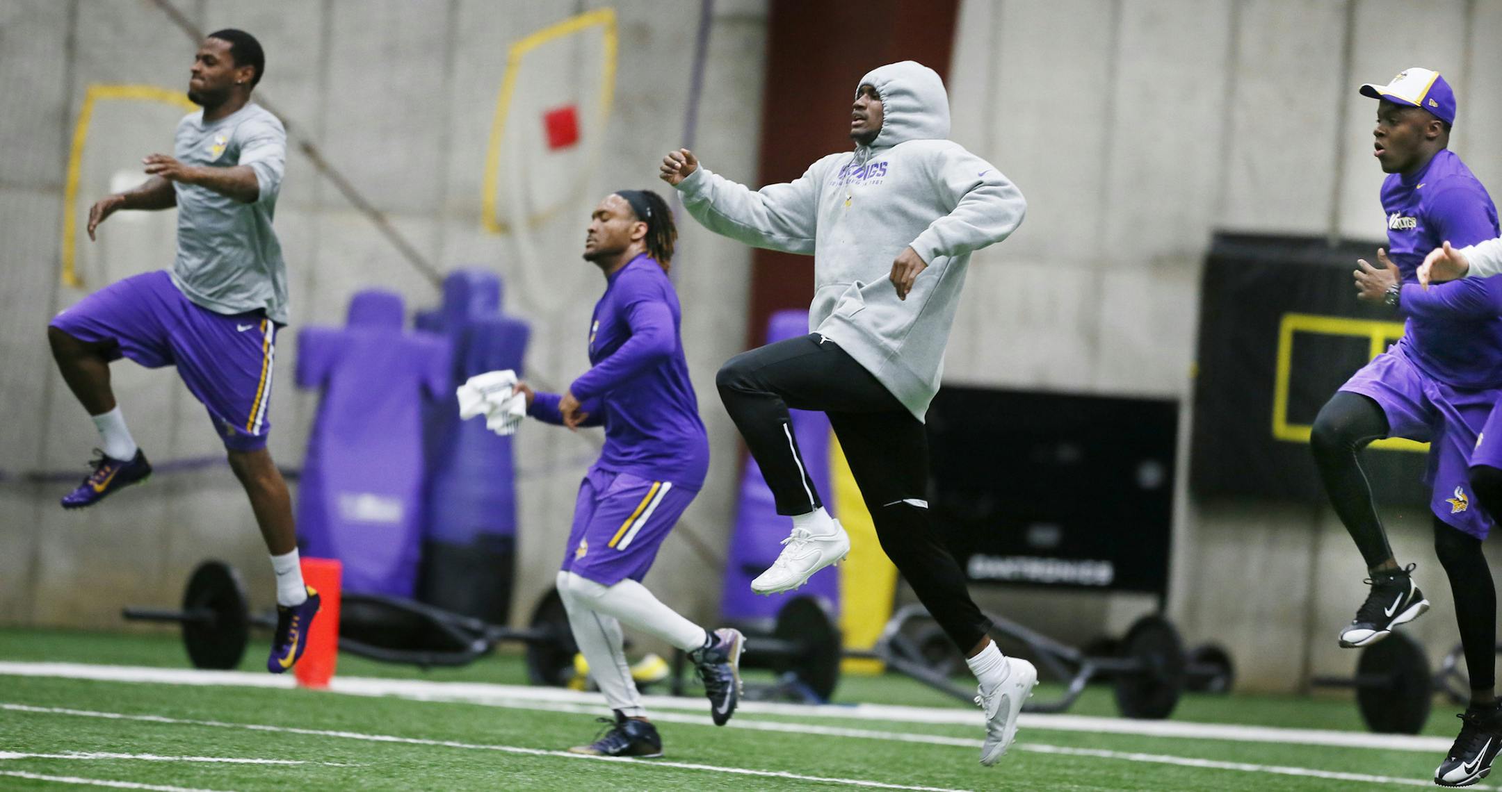 Receivers Mike Wallace left Jarius Wright,Cordarrelle Patterson and quarter back Teddy Bridgewater were among Vikings players who were at Winter Park for offseason workouts Monday April 27, 2015 in Eden Prairie, Minnesota. ] Jerry Holt/ Jerry.Holt@Startribune.com