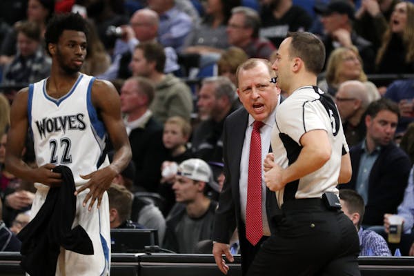 Minnesota Timberwolves head coach Tom Thibodeau argues a call with an official last month at Target Center.
