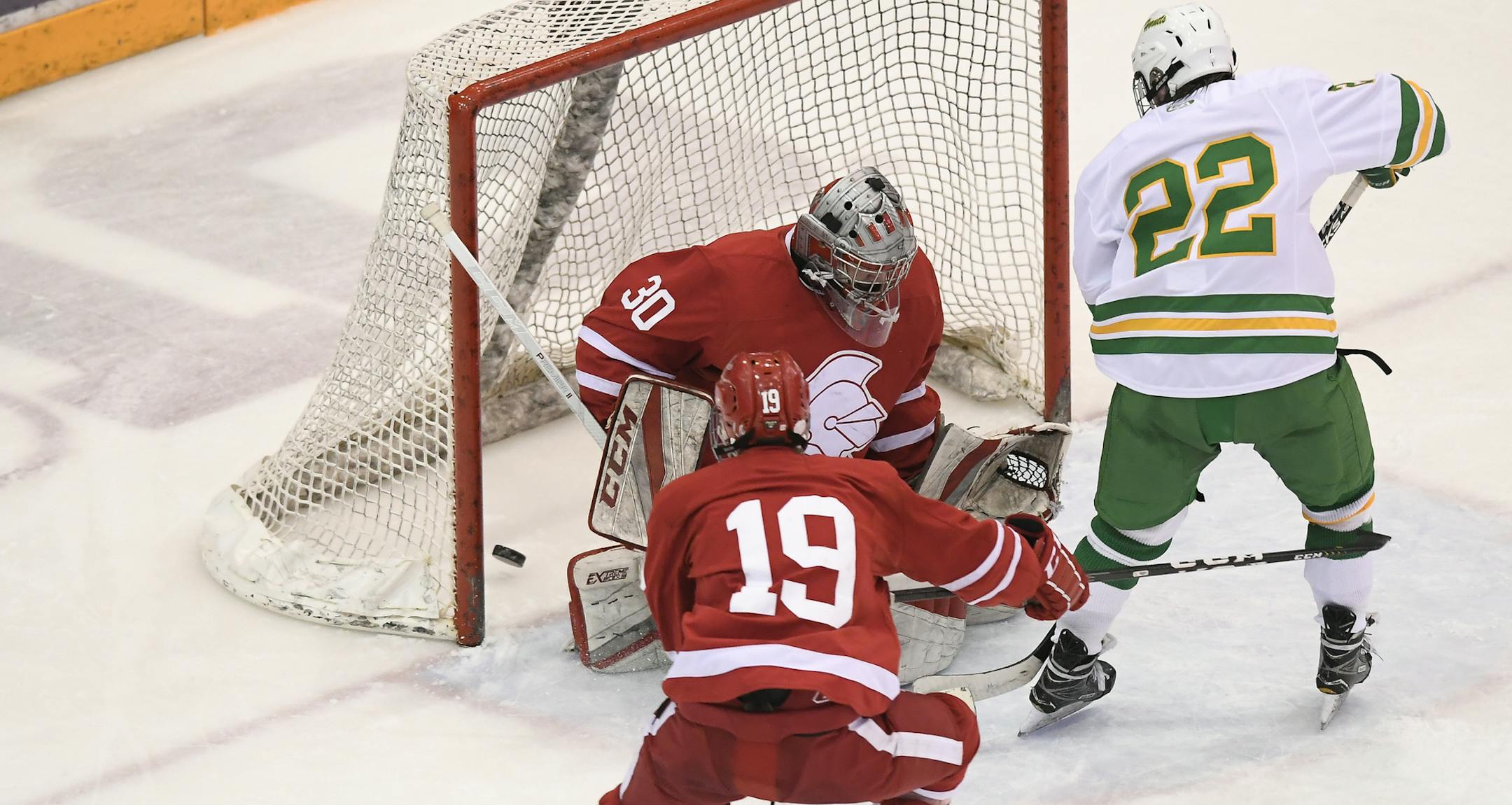 Edina forward Jett Jungels (22) scored a goal against Benilde-St. Margaret's goaltender Carson Limesand (30) in the third period. ] Aaron Lavinsky ¥ aaron.lavinsky@startribune.com Edina played Benilde-St. Margarets in the Class 2A, Section 6 boysÕ hockey section final on Wednesday, Feb. 27, 2019 at Mariucci Arena in Minneapolis, Minn.