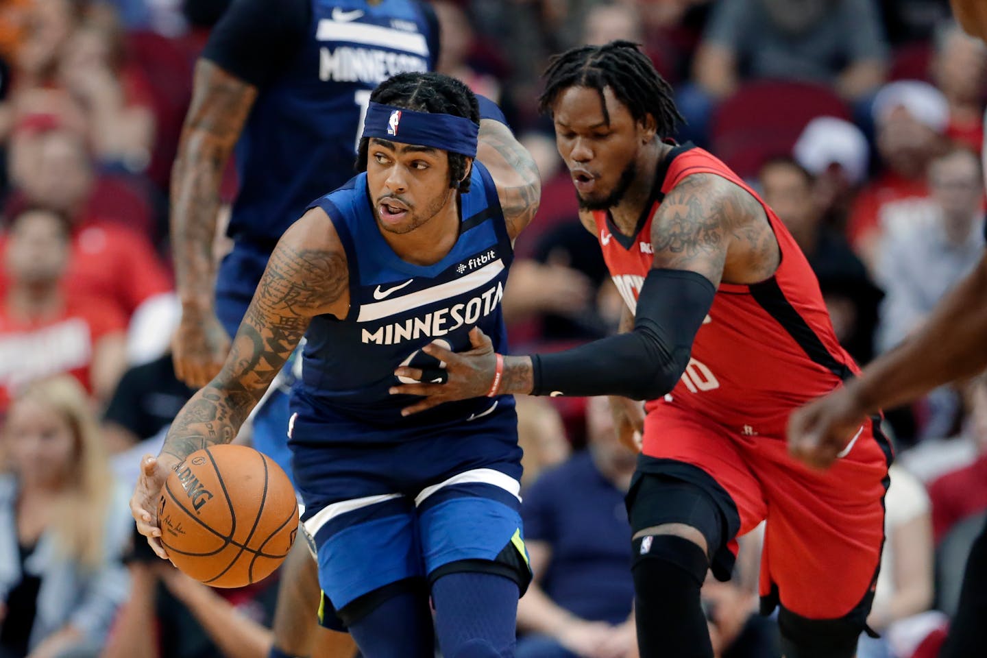 Timberwolves guard D'Angelo Russell, left, was acquired right at the NBA trade deadline, but he and center Karl-Anthony Towns played together only once in the 14 games after that before the coronavirus pandemic shut down the season.