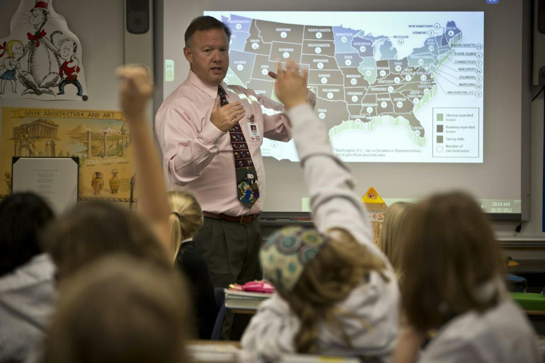 Teacher Curt Zander talked with his sixth-grade students about the electoral process during a social studies class at Visitation School in October.