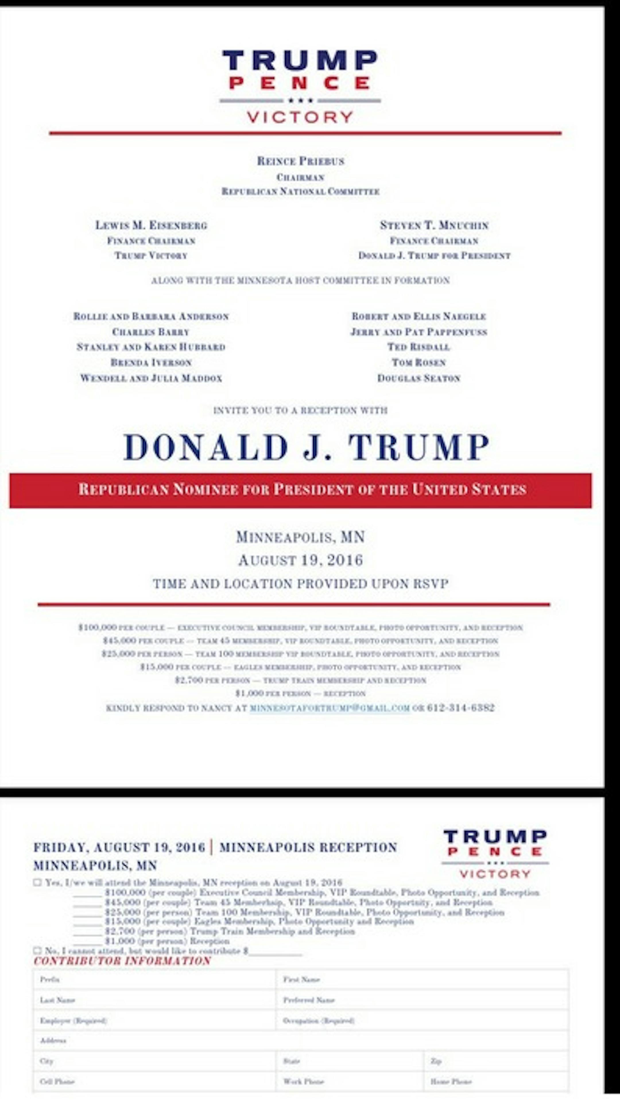 The invitation to the Aug. 19 Minneapolis fundraiser with Donald Trump.