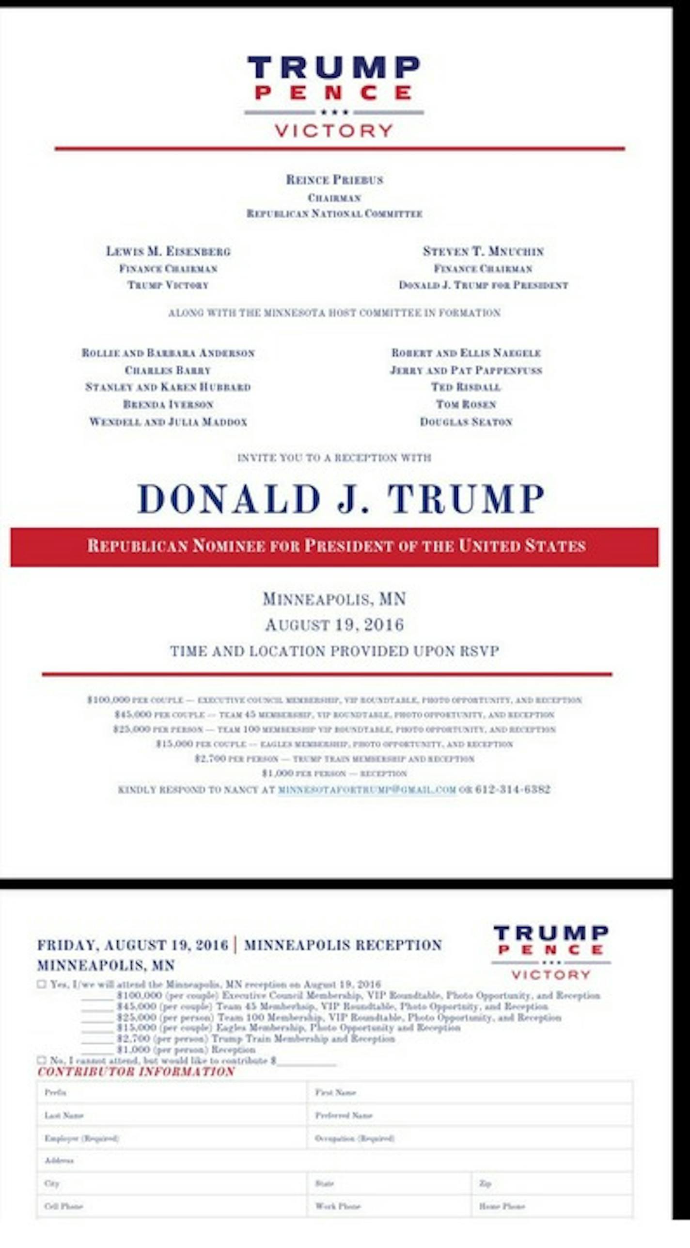 The invitation to the Aug. 19 Minneapolis fundraiser with Donald Trump.