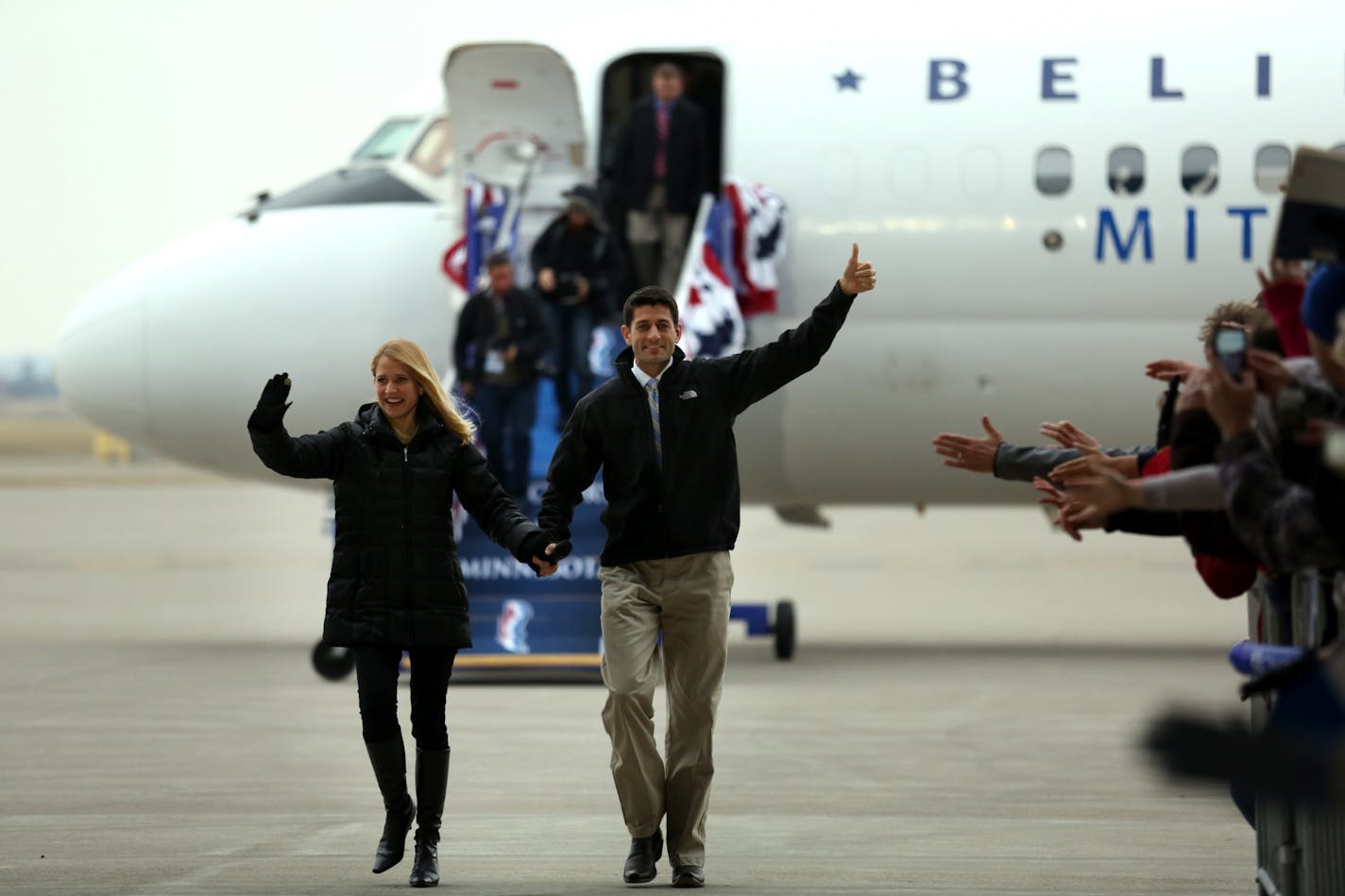 Vice presidential candidate Paul Ryan and his wife Janna Ryan arrived at Sun County airline hanger for a rally conduct by Paul Ryan at the Minneapolis St. Paul international airport Sunday Nov. 04, 2012 in Minneapolis ,MN.