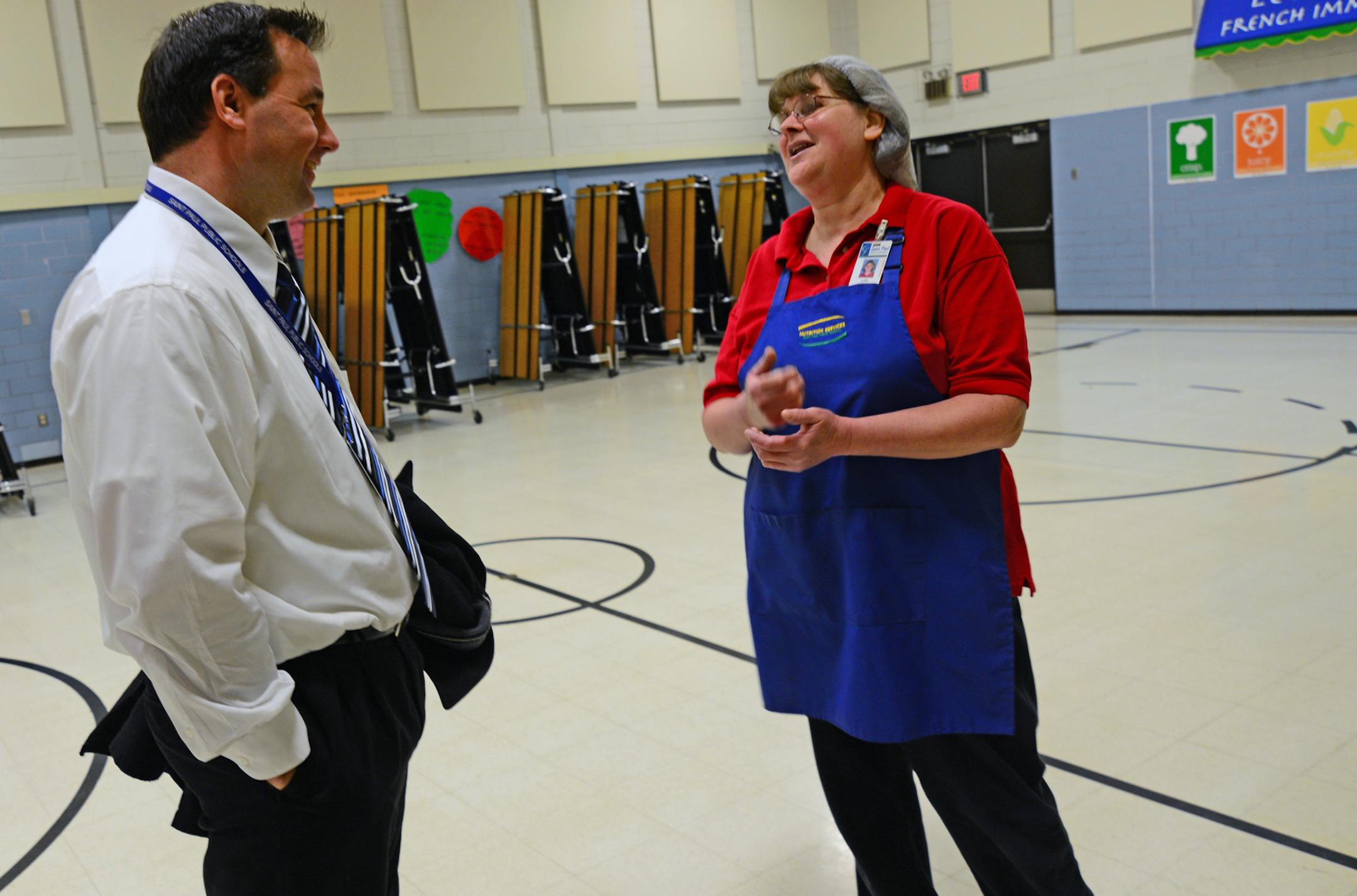 Tim Hofmann, principal of Parkway Montessori & Community Middle School, talked about upcoming changes and how the school will be re-designed. Tim Hofmann talked to Lori Jones a support staff member about some of the changes that will be coming. ] Richard.Sennott@startribune.com Richard Sennott/Star Tribune. , St Paul Minn. Monday 3/3/13) ** (cq)