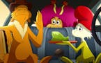 This image released by Netflix shows characters, Guy-Am-I, voiced by Michael Douglas, left, and Sam-I-Am, voiced by Adam Devine in a scene from the an