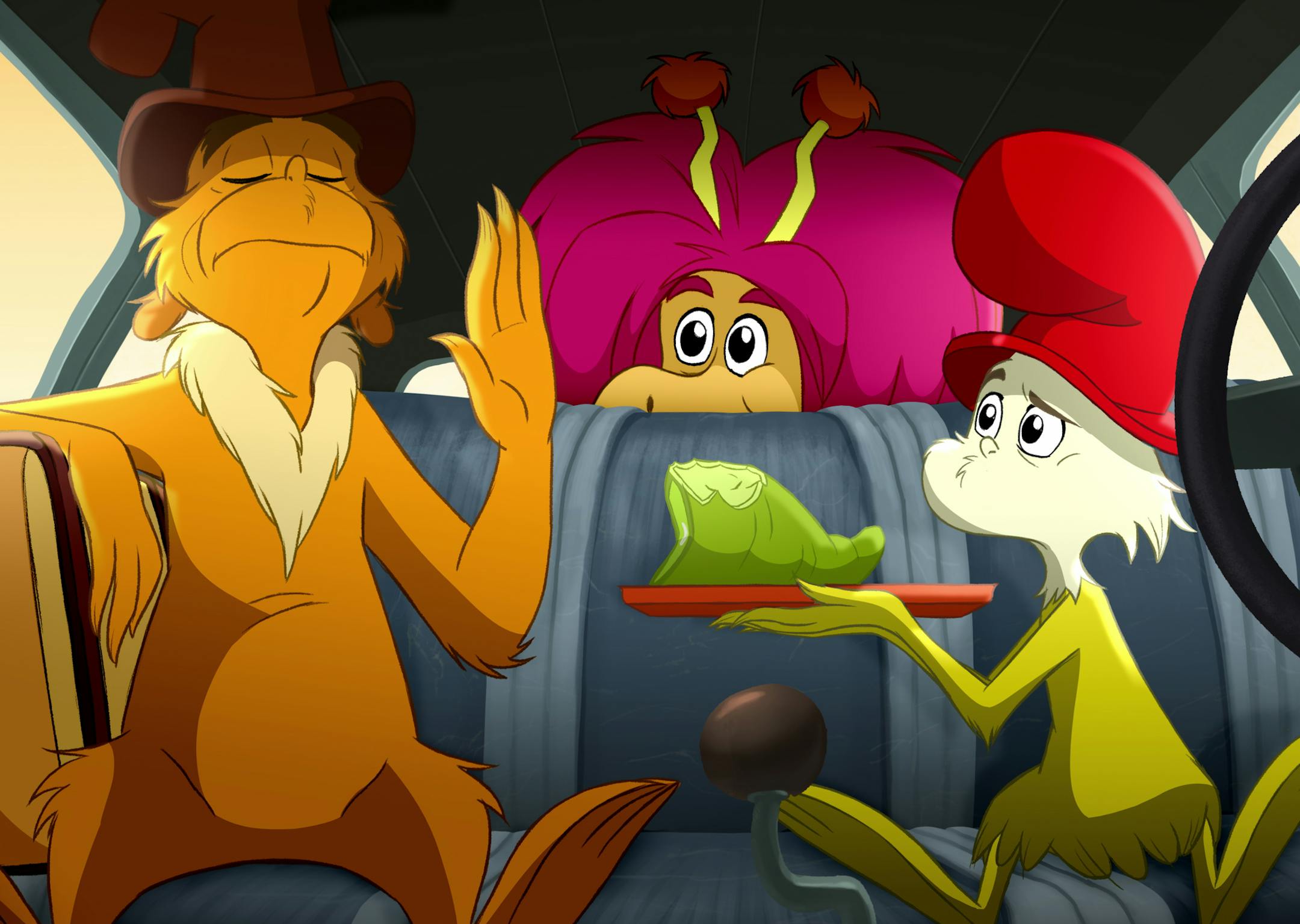 This image released by Netflix shows characters, Guy-Am-I, voiced by Michael Douglas, left, and Sam-I-Am, voiced by Adam Devine in a scene from the animated series "Green Eggs and Ham," premiering Nov. 8. (Netflix via AP)