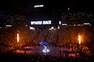 Flames shot up from the basket standards during player introductions before Game 6 between the Timberwolves and the Denver Nuggets Thursday night at T