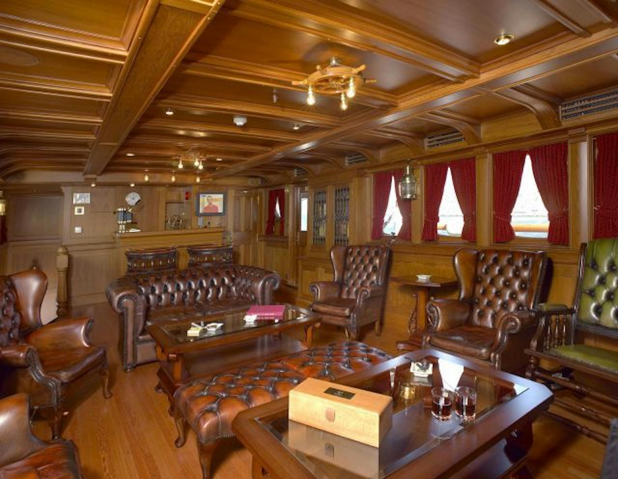 The smoking room of the S.S. Delphine, the last operational steam-powered superyacht afloat.