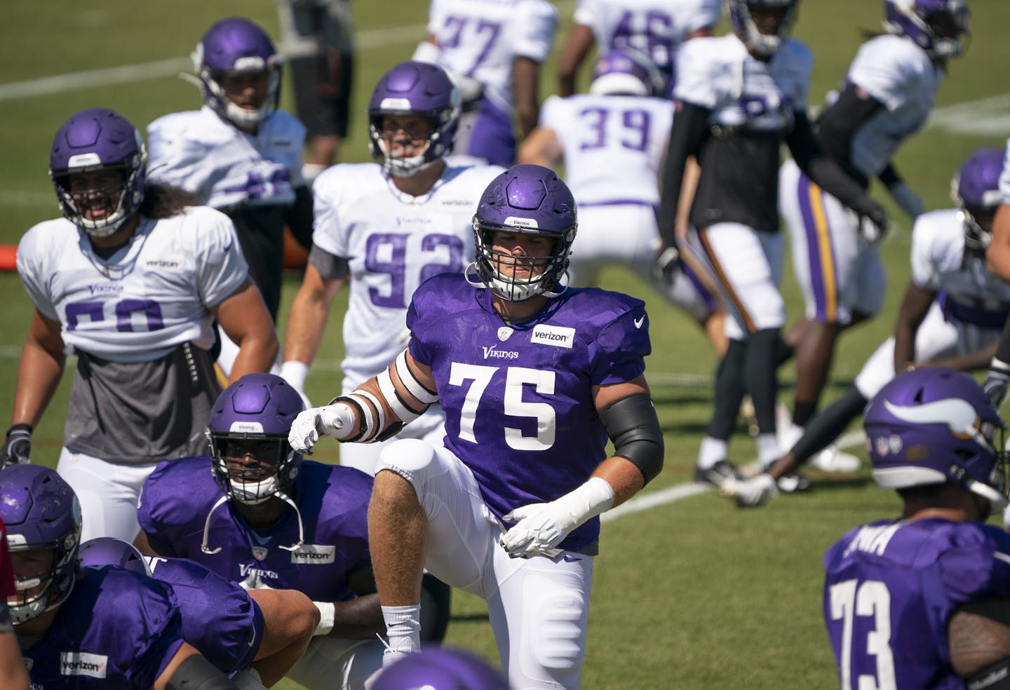 Vikings tackle Brian O'Neill (75) loosening up at the start of practice Monday afternoon. ] JEFF WHEELER • jeff.wheeler@startribune.com The Minnesota Vikings practiced Monday afternoon, August 31, 2020 at TCO Performance Center in Eagan.