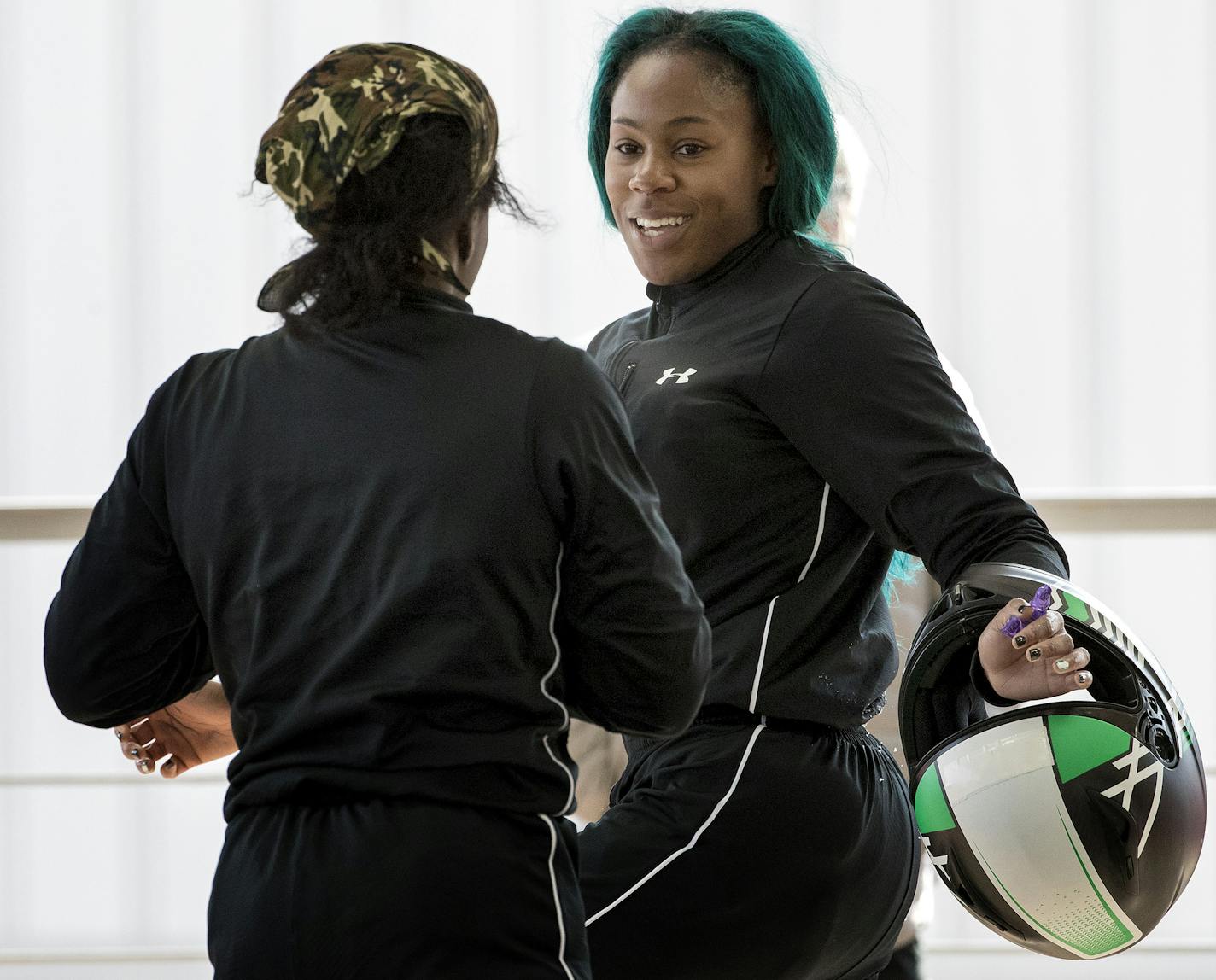 Nigerian Bobleders Seun Adigun and Akuoma Omeoga during a practice on Sunday. Akuoma Omeoga was a Track and Field athlete for the University of Minnesota. ] CARLOS GONZALEZ &#xef; cgonzalez@startribune.com - February 18, 2018, South Korea, 2018 Pyeongchang Winter Olympics, Olympic Sliding Centre, Women's Bobsled