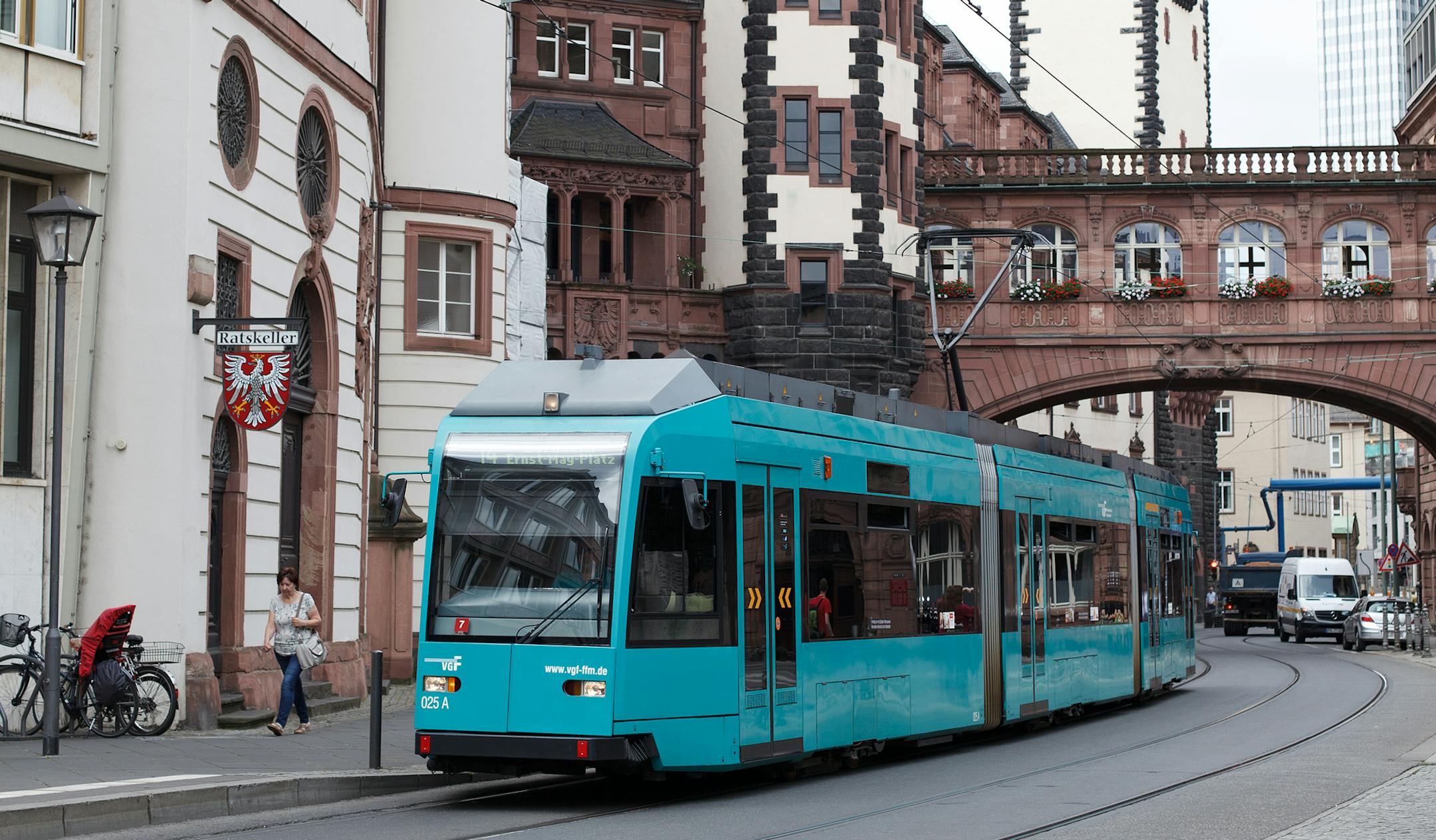 Electric tram on the way to the old town of the Frankfurt city.