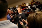 Wild center Mikko Koivu spoke with media members at the end of the 2017 season. The NHL is expected to close all locker rooms to help stop the spread 