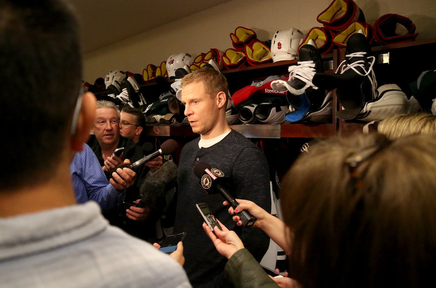 Wild center Mikko Koivu spoke with media members at the end of the 2017 season. The NHL is expected to close all locker rooms to help stop the spread of coronavirus.