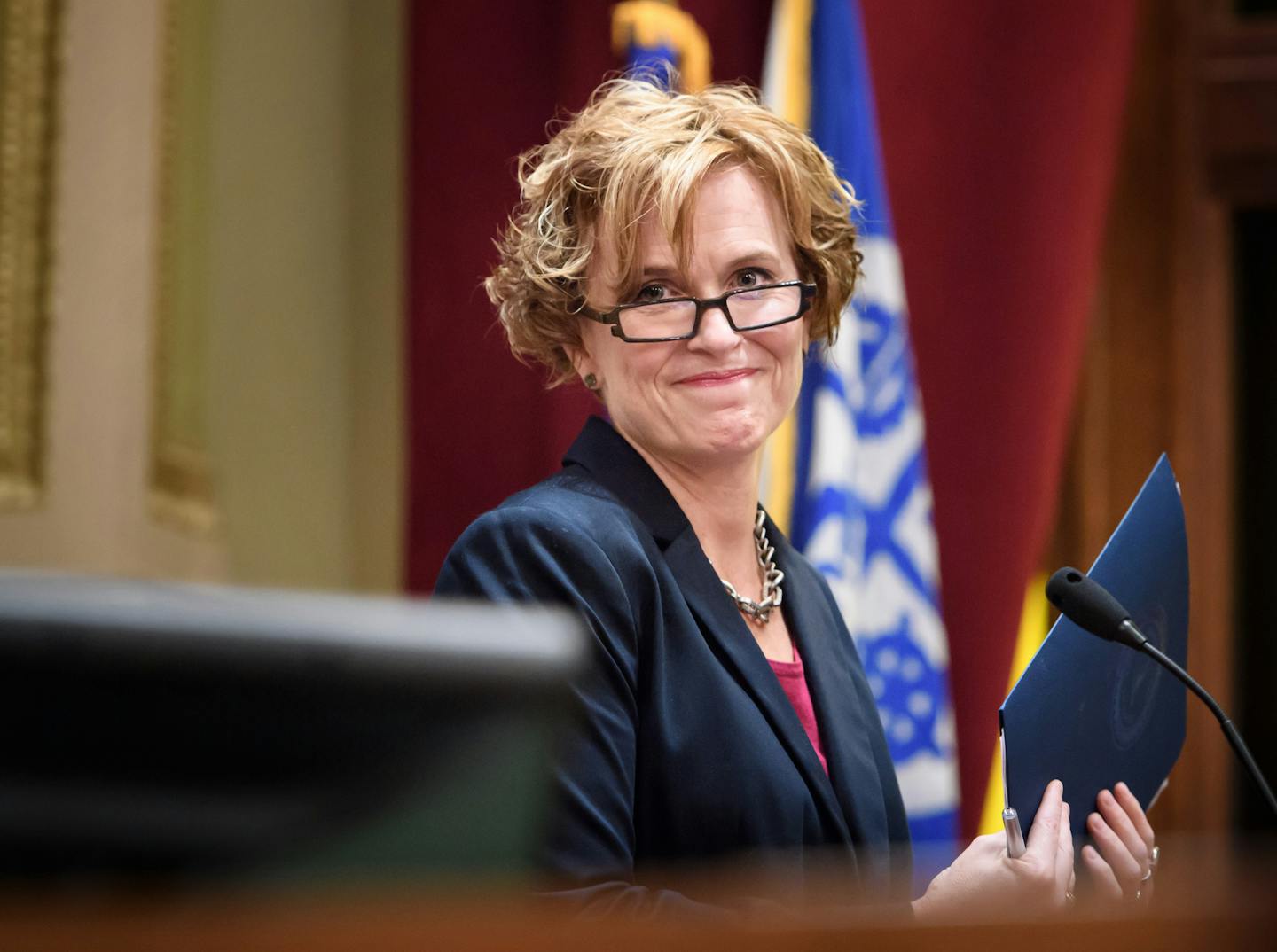 Minneapolis Mayor Betsy Hodges acknowledged applause after she delivered her budget address in the City Council Chambers. ] GLEN STUBBE &#x2022; glen.stubbe@startribune.com Tuesday September 12, 2017 Minneapolis Mayor Betsy Hodges delivered her budget address at noon Tuesday in the City Council Chambers.