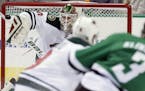 Wild goalie Devan Dubnyk blocked a shot during the first period against the Dallas Stars on Jan. 9. Last year the team, with Dubnyk acquired in a trad