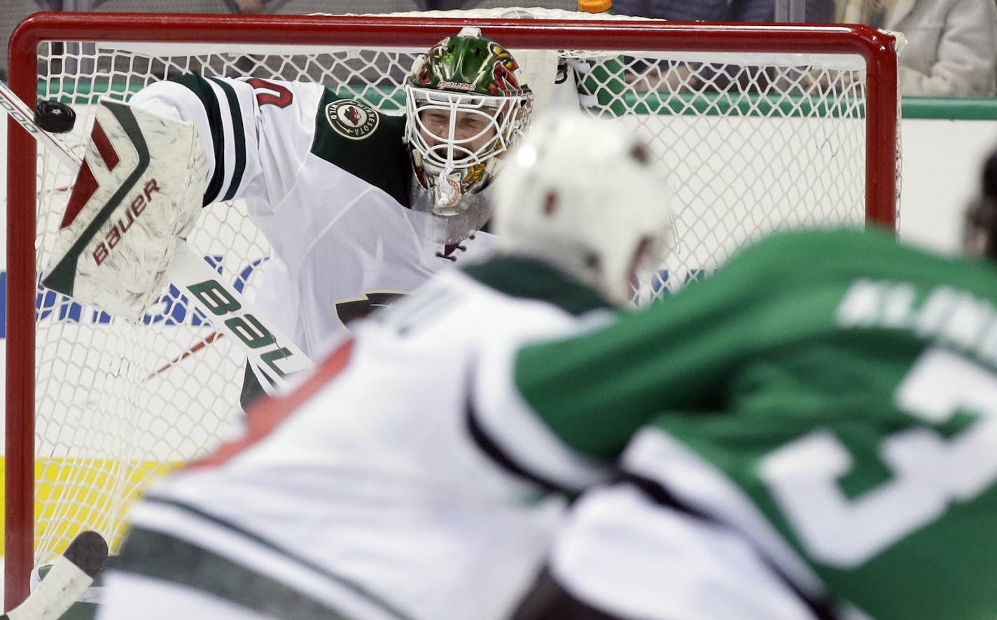 Wild goalie Devan Dubnyk blocked a shot during the first period against the Dallas Stars on Jan. 9. Last year the team, with Dubnyk acquired in a trade, went 24-5-1 after the All Star break.