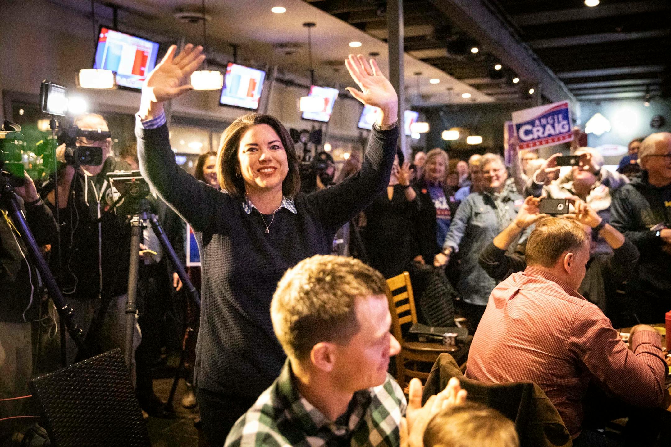 Angie Craig greeted supporters before final results at an election party for her on Tuesday, November 6, 2018, at the Lone Oak Grill in Eagan, Minn. ] RENEE JONES SCHNEIDER ï renee.jones@startribune.com