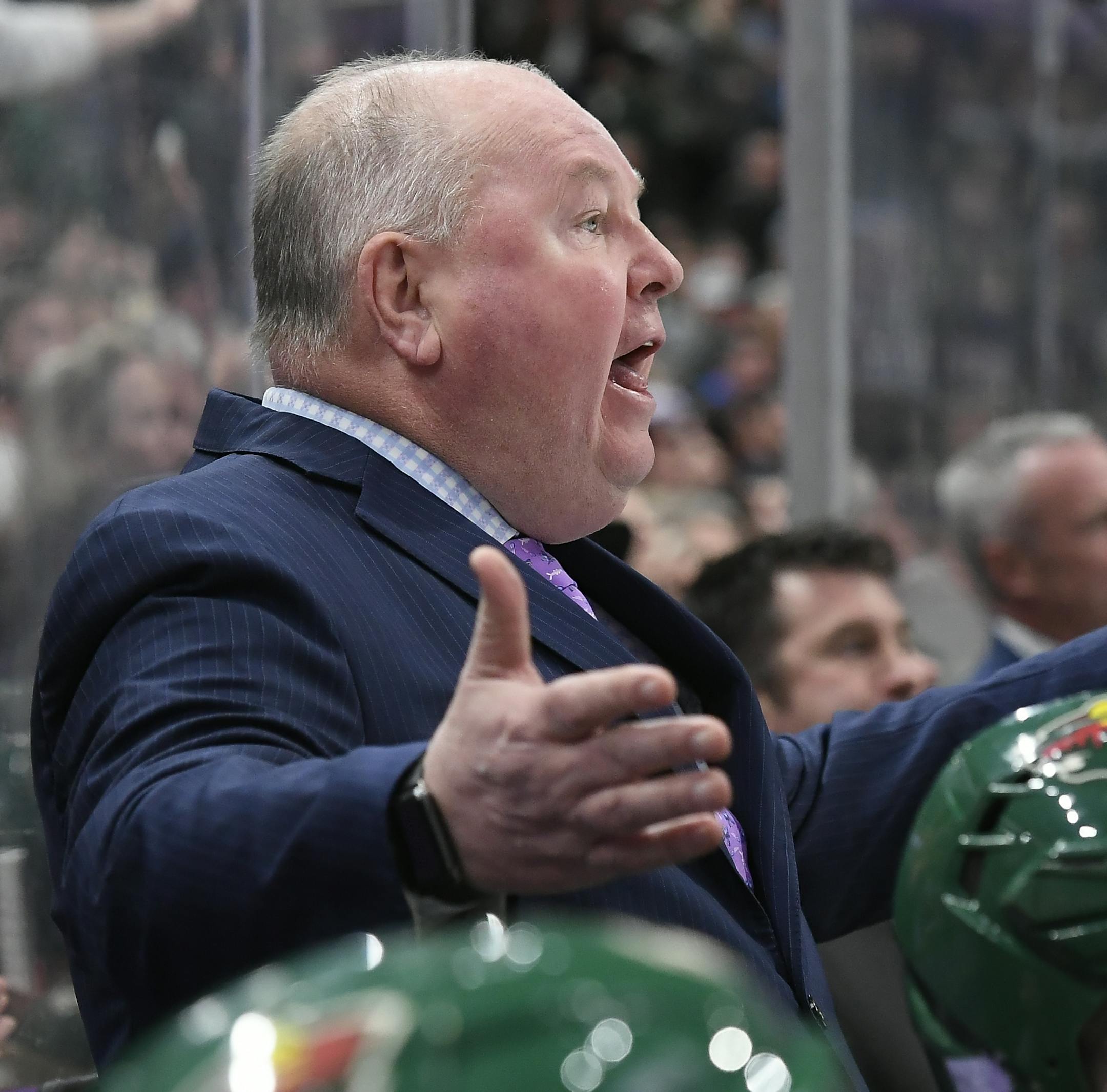 Minnesota Wild head coach Bruce Boudreau was upset after a goal scored by center Mikko Koivu (9) was disallowed in the third period. ] Aaron Lavinsky • aaron.lavinsky@startribune.com The Minnesota Wild played the St. Louis Blues on Saturday, Nov. 2, 2019 at the Xcel Energy Center in St. Paul, Minn.