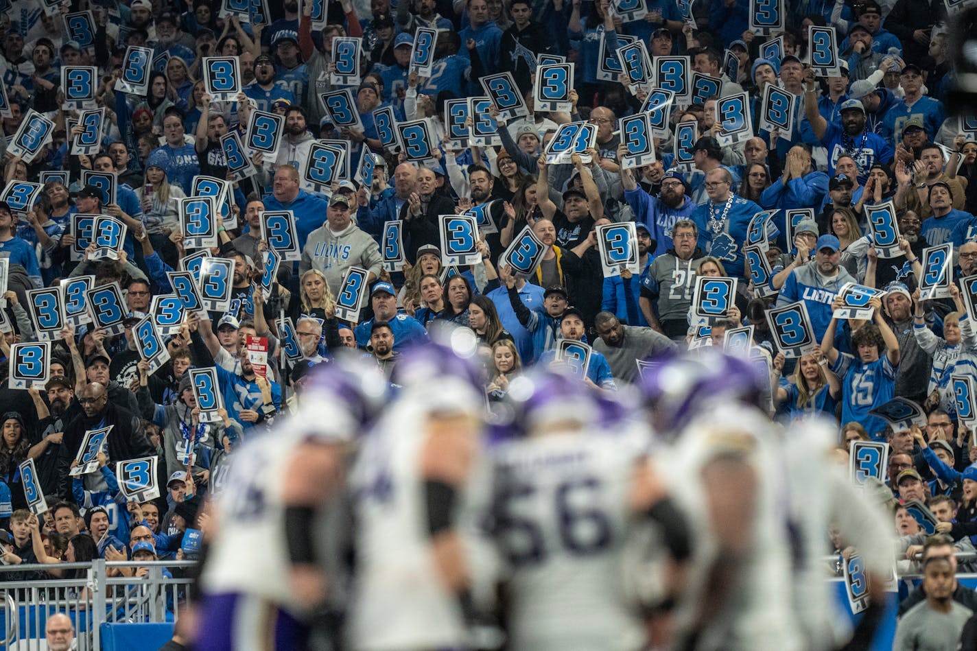 Lions fans held up cards that said 3rd down late in the fourth quarter Sunday January ,7 2024 in, Detroit, Mich. ] JERRY HOLT • jerry.holt@startribune.com