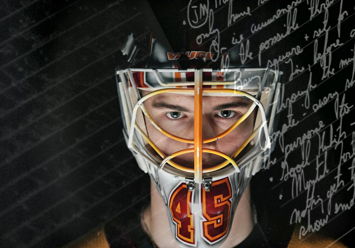 U of M goalie Jack LaFontaine is an English major who keeps a motivational journal to help him on the ice. Advance for Gophers' Big Ten semifinal at Penn State.] (THIS IS A DOUBLE EXPOSURE with an image from Jack's journal.)
brian.peterson@startribune.com
Minneapolis, MN Wednesday, March 11, 2020