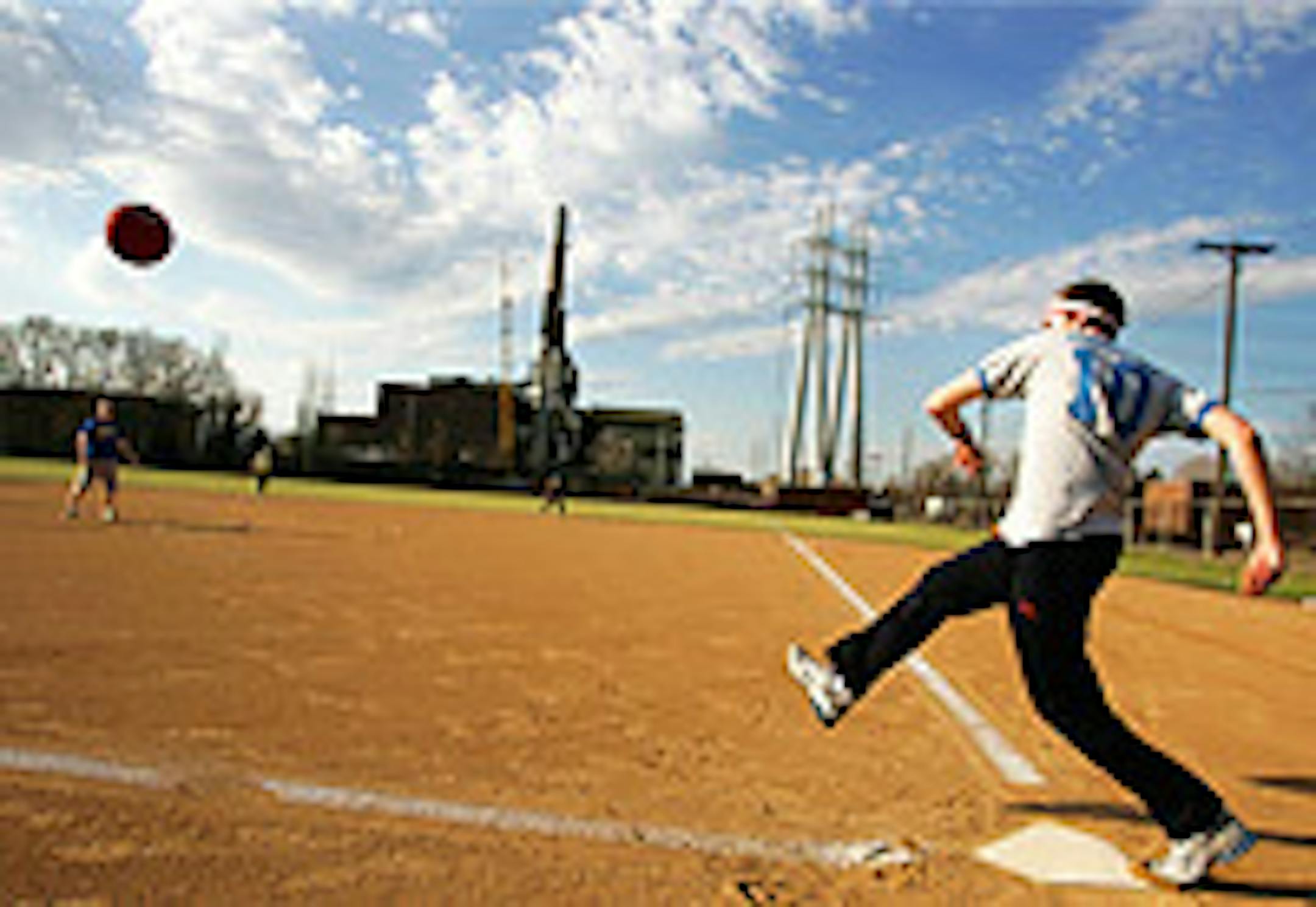 At Marshall Terrance Park, captain Ben Roschke makes a spirited kick but flies out. He describes his kicks as "patriotic" and "take no prisoners."
