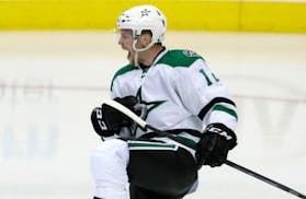 Dallas Stars center Radek Faksa celebrates his goal during the second period of an NHL hockey game against the Arizona Coyotes on Thursday, March 31, 