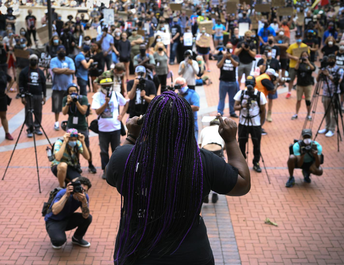 Activist and former Minneapolis mayoral candidate Nekima Levy Armstrong addressed a crowd of a few hundred outside the Hennepin County Government center Saturday. ] aaron.lavinsky@startribune.com The "International Solidarity Day of Protest Against Police Terror" was held Saturday, June 13, 2020 outside the Hennepin County Government Center in Minneapolis, Minn.