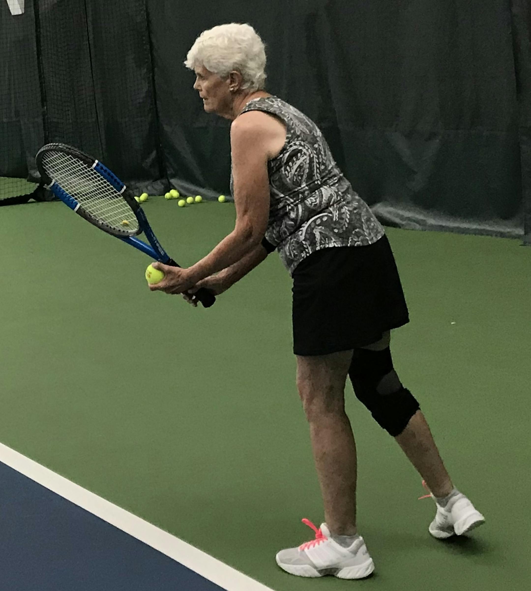 Jean Helgeson plays hours of tennis every week.