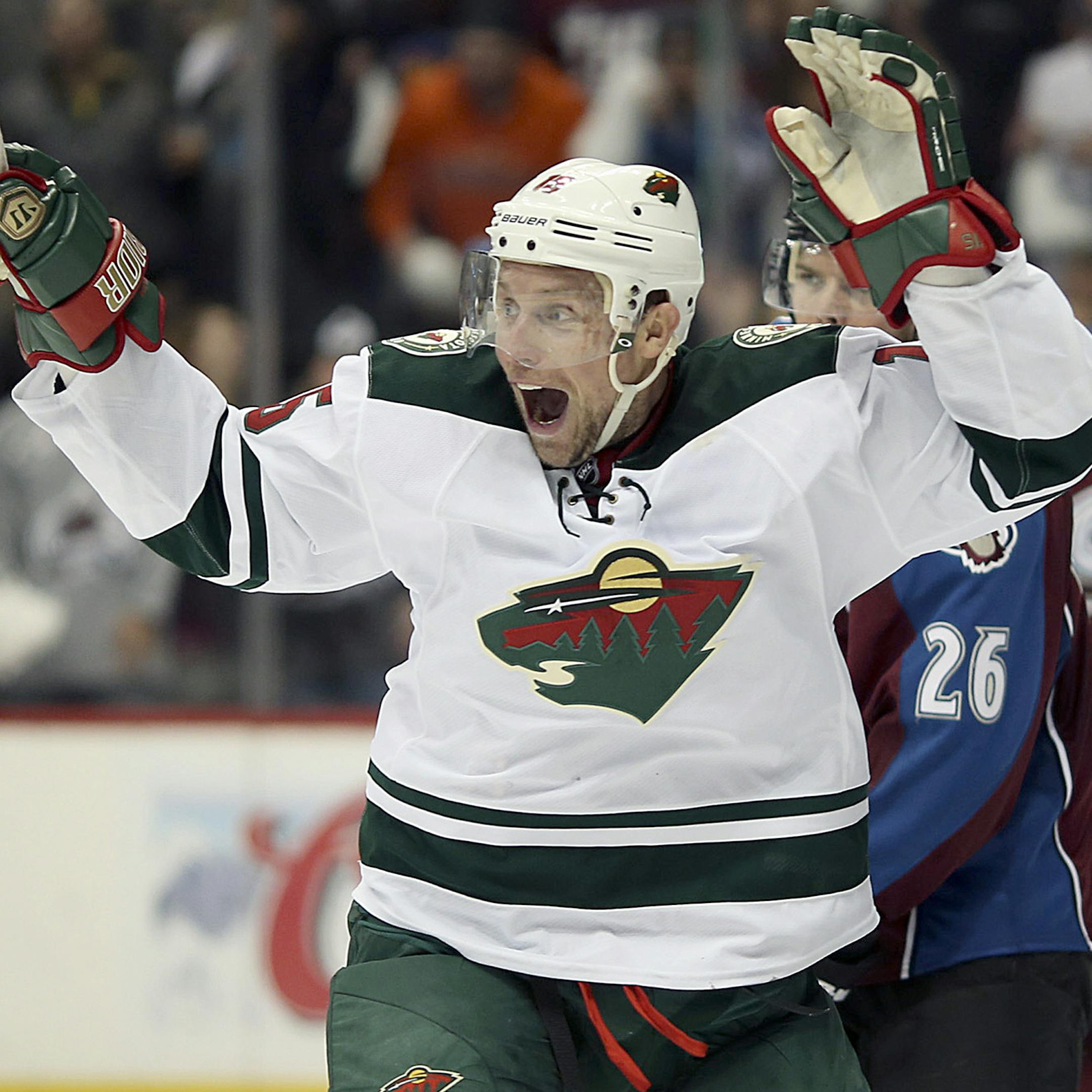 Wednesday night at Pepsi Center in Denver. Minnesota Wild left wing Dany Heatley (15) and right wing Nino Niederreiter (22) celebrated the tying goal in the third period by defenseman Jared Spurgeon (46) Wednesday night at Pepsi Center in Denver. ] JEFF WHEELER ï jeff.wheeler@startribune.com The Minnesota Wild faced the Colorado Avalanche in game 7 of their NHL opening round playoff series Wednesday night, April 29, 2014, at Pepsi Center in Denver. ORG XMIT: MIN1404302355063471 ORG XMIT: MI