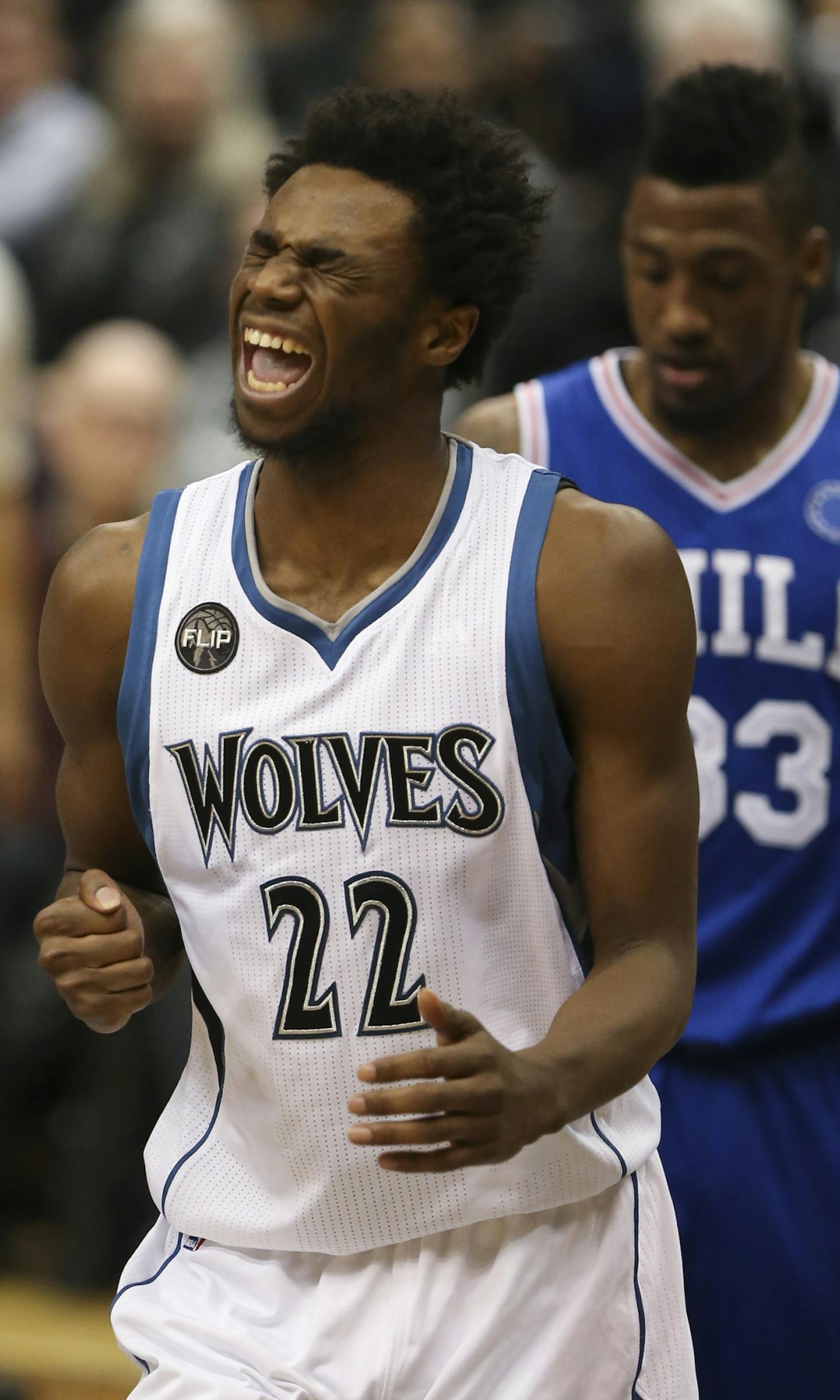 Timberwolves guard Andrew Wiggins reacted after he was fouled in the fourth quarter Monday night. ] JEFF WHEELER &#xef; jeff.wheeler@startribune.com The Minnesota Timberwolves got their first home win of the season, 100-95 over the still winless Philadelphia 76ers Monday night, November 23, 2015 at Target Center in Minneapolis.