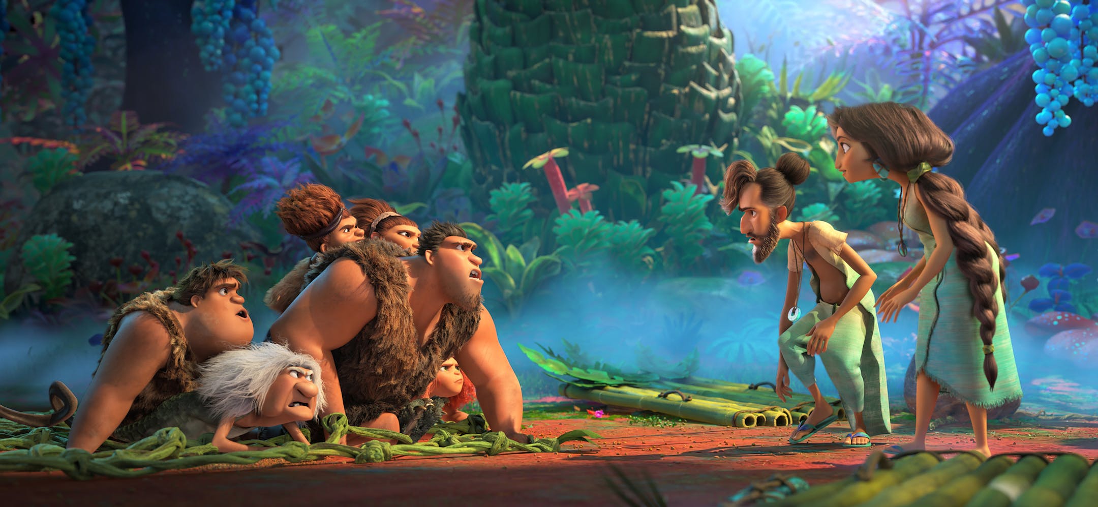 The Croods, left, meet the Bettermans, right, in DreamWorks Animation's "The Croods: A New Age."