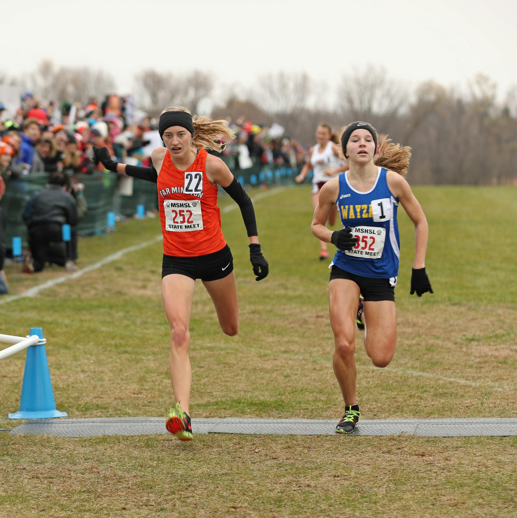 Farmington's Anna Fenske (252), left, finished third and Wayzata's Emma Atkinson (352) fourth in the 2018 girls' Class 2A cross-country meet. Fenske, now a junior, won the race in 2016 and is among the favorites to win on Saturday. Photo: Shari L. Gross • shari.gross@startribune.com
