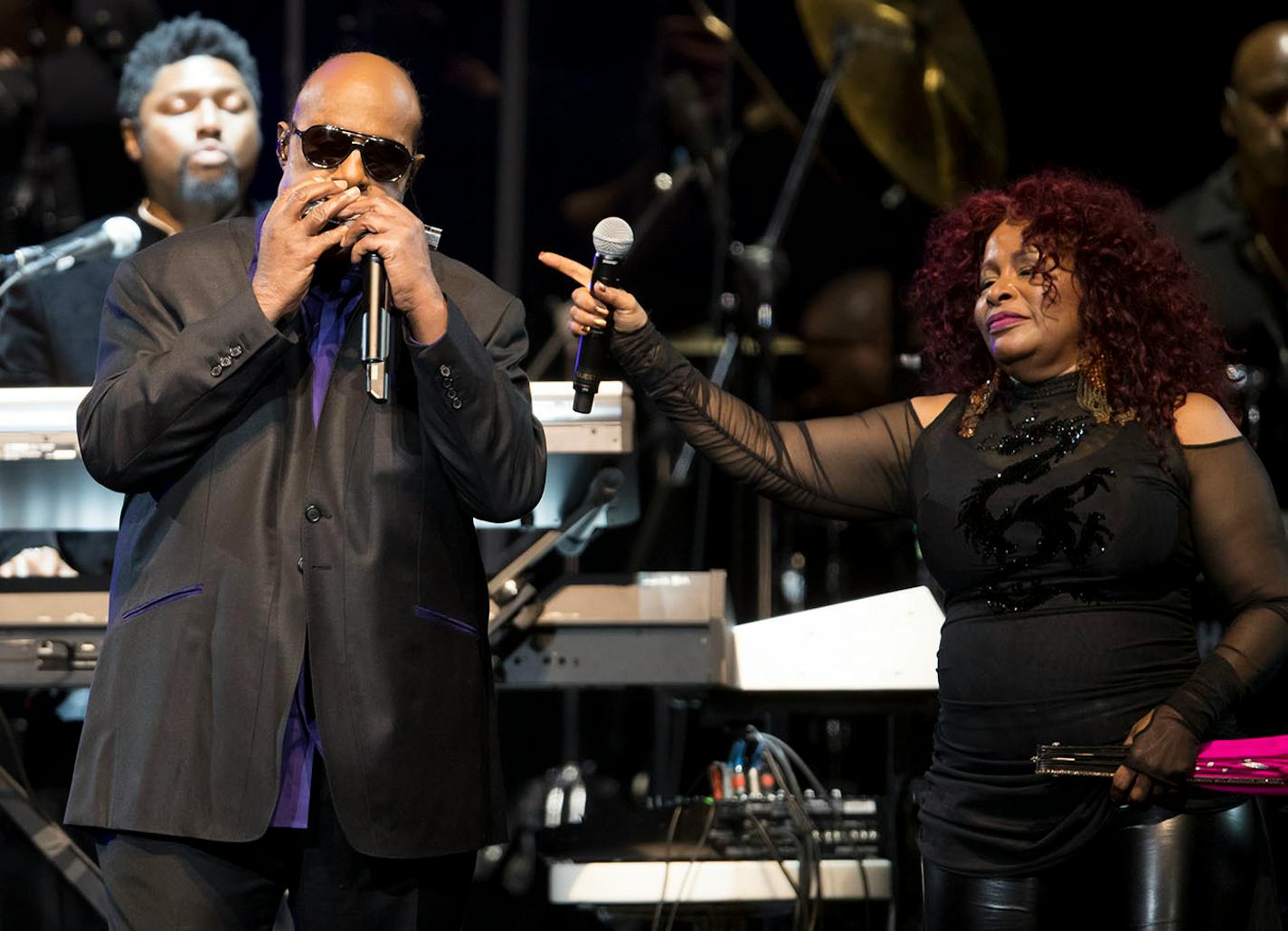 Stevie Wonder and Chaka Khan perform at the Prince Tribute Concert at the Xcel Energy Center on Thursday, Oct. 13, 2016, in St. Paul, Minn.