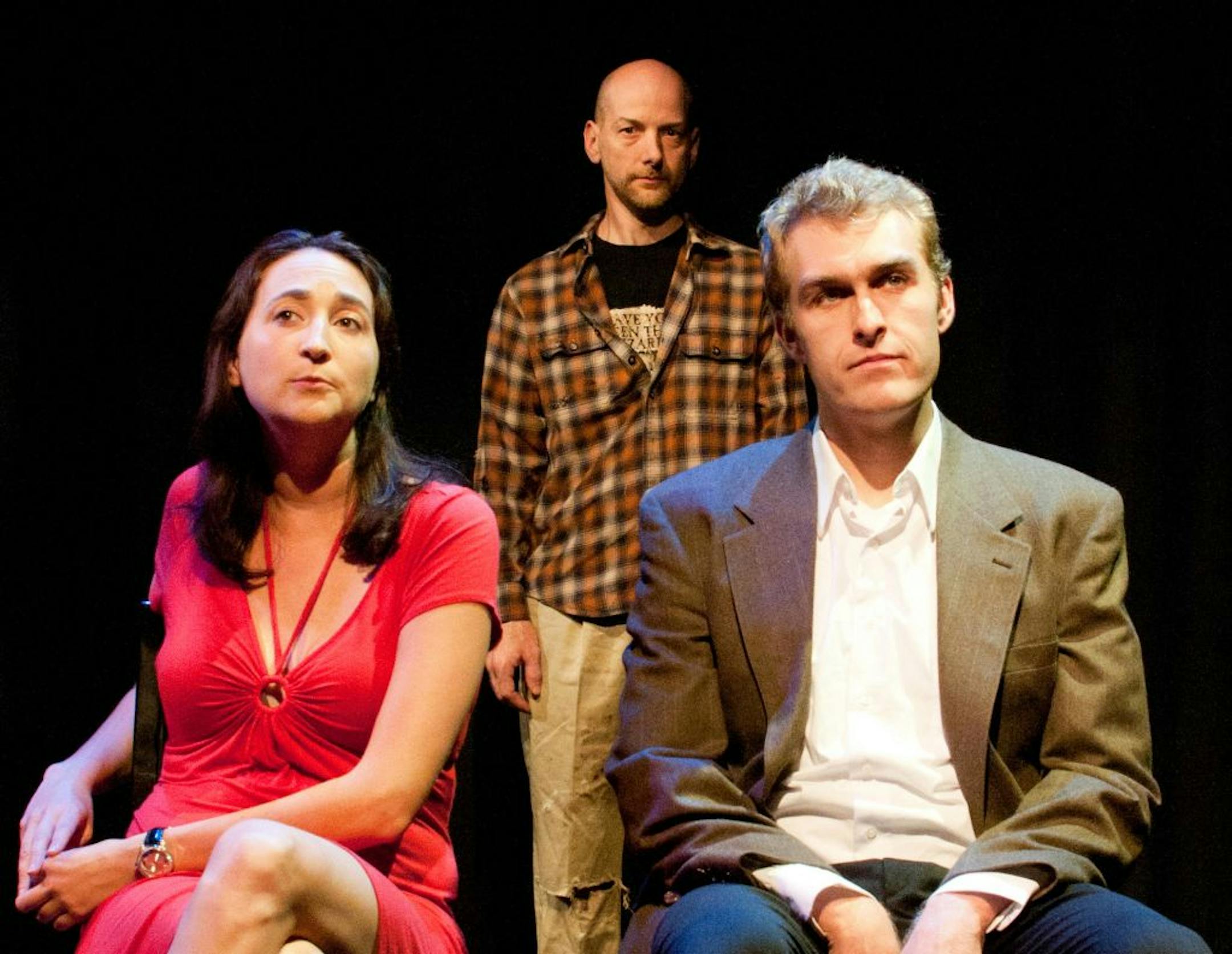 Mo Perry, left, Matt Sciple and Christopher Kehoe in Peanut Butter Factory's production of Will Eno's "Oh, the Humanity and Other Good Intentions"