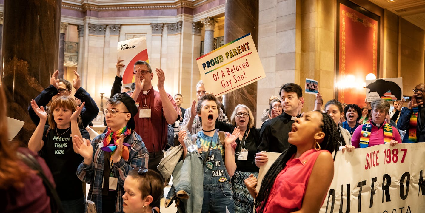 While Rep. Tim Miller, R-Prinsburg, spoke on an amendment about conversion therapy on the House Floor, over one hundred protesters with Outfront Minnesota sang and cheered outside. ] GLEN STUBBE &#x2022; glen.stubbe@startribune.com Thursday, April 25, 2019 It has been a hectic week at the Minnesota State Legislature with long intense floor debates on a wide range of omnibus bills that will ultimately head to conference committees.