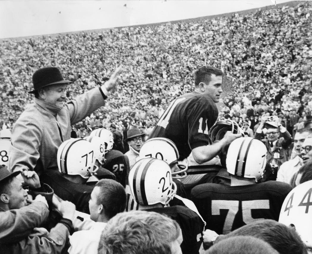 Gophers football players celebrated their decisive 27-10 victory over No. 1 Iowa on Nov. 5, 1960. The Gophers earned the national championship and a berth in the Rose Bowl.