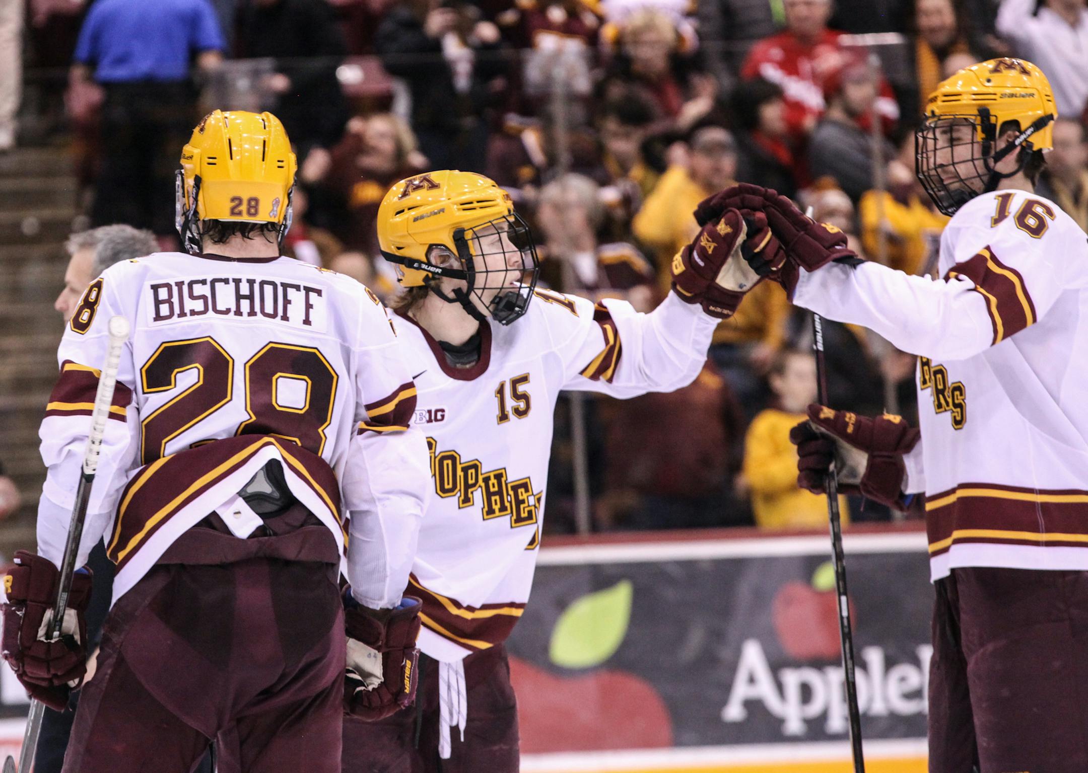 Minnesota Gophers hockey players celebrated after beating the Badgers 3-2 ] XAVIER WANG &#x2022; xavier.wang@startribune.com The Minnesota Golden Gophers hosted the Wisconsin Badgers Saturday, February 25, 2017 at Mariucci Arena in Minneapolis, Minn.
