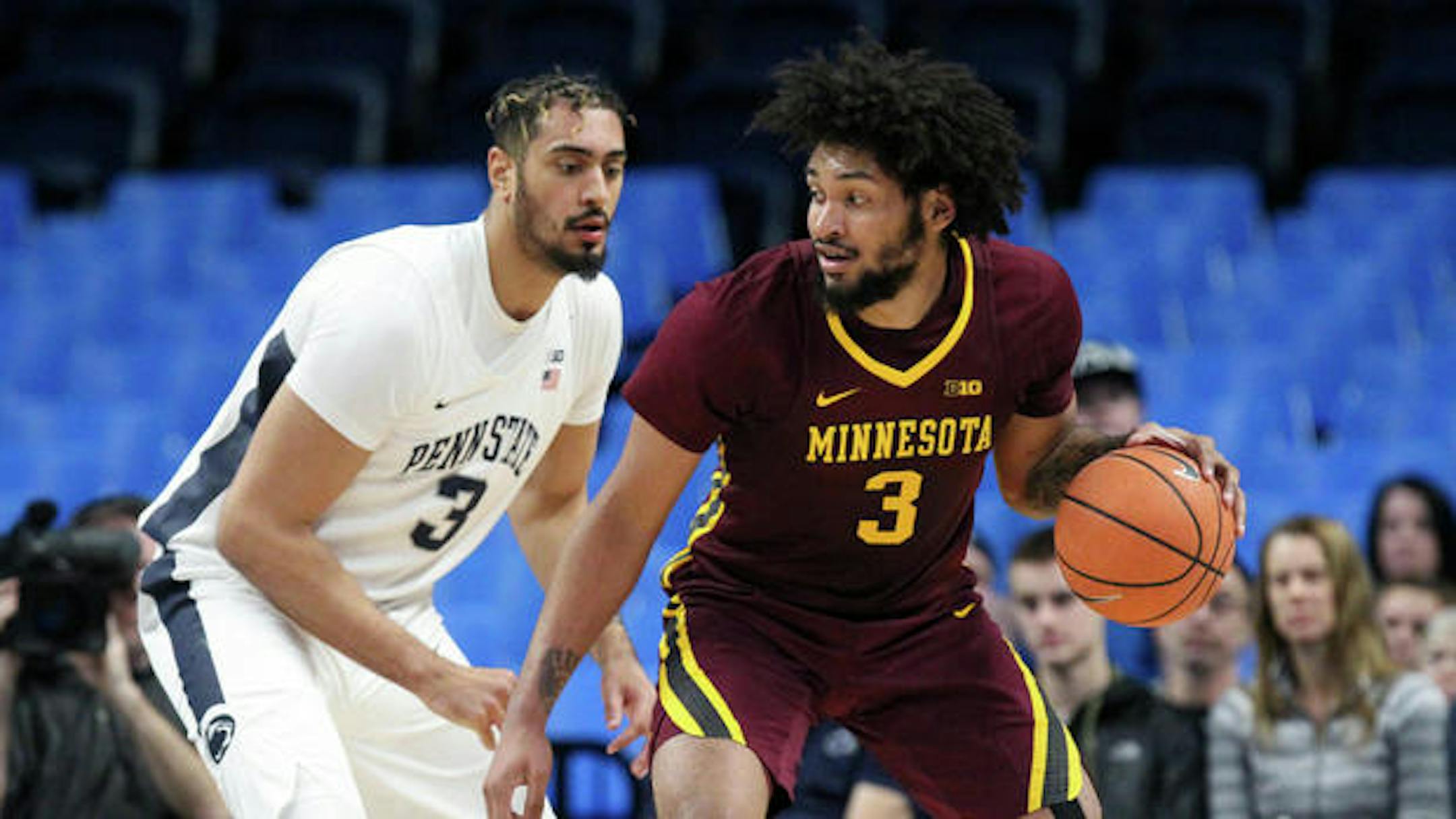Jan 15, 2018; University Park, PA, USA; Minnesota Golden Gophers forward Jordan Murphy (3) dribbles the ball as Penn State Nittany Lions forward Satchel Pierce (3) defends during the first half at Bryce Jordan Center. Mandatory Credit: Matthew O'Haren-USA TODAY Sports