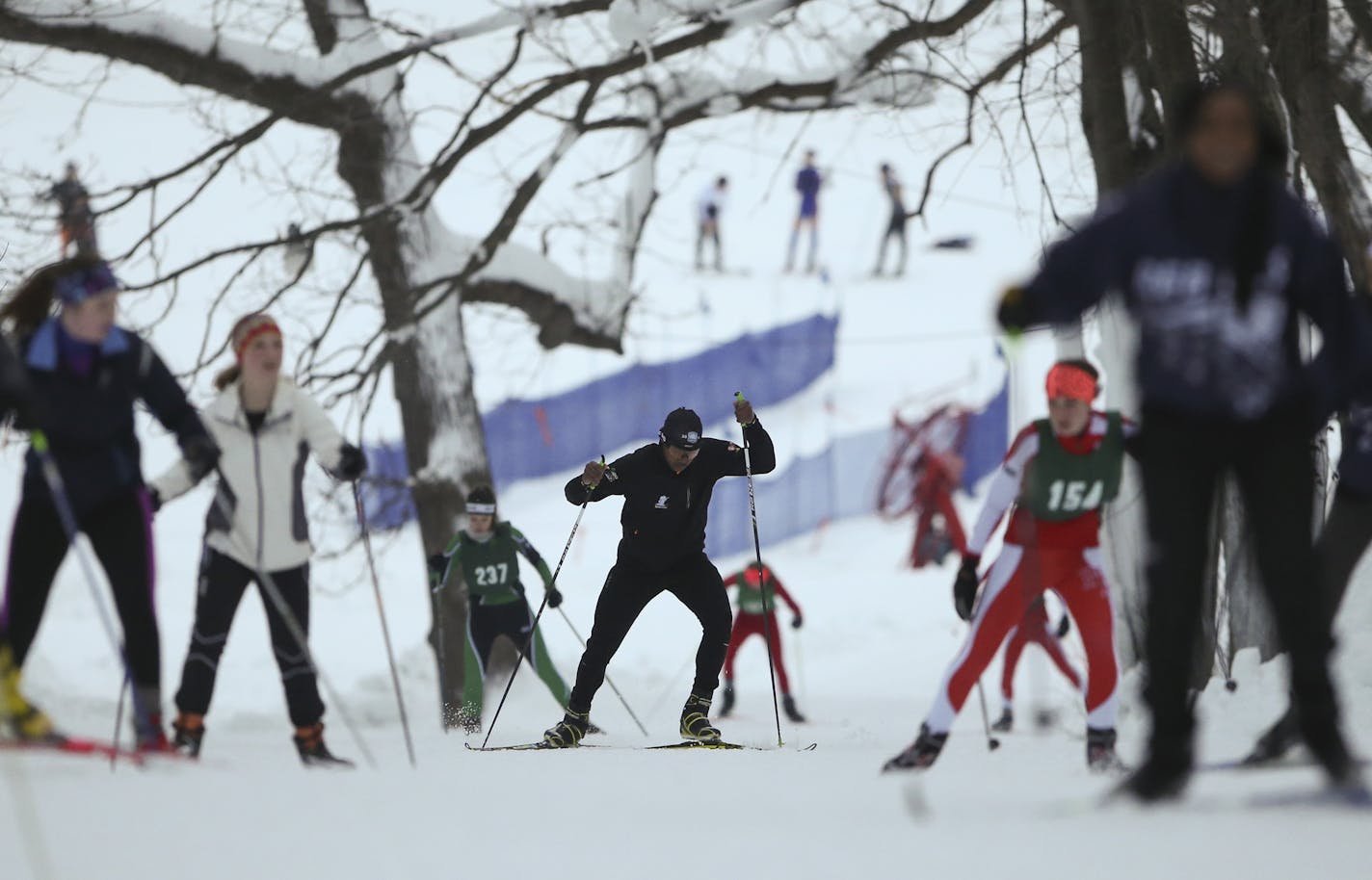 Raequan Wilson, 16, from Minneapolis South High School, center, climbed a hill while training at Theodore Wirth Park Tuesday afternoon. ] JEFF WHEELER &#x201a;&#xc4;&#xa2; jeff.wheeler@startribune.com In addition to sponsoring a ski race, The Loppet Foundation also has a program that encourages middle school students to try cross country skiing. They sponsor a team at Nellie Stone Johnson Middle School which held a practice at Theodore Wirth Park in Minneapolis Tuesday afternoon, January 20, 201