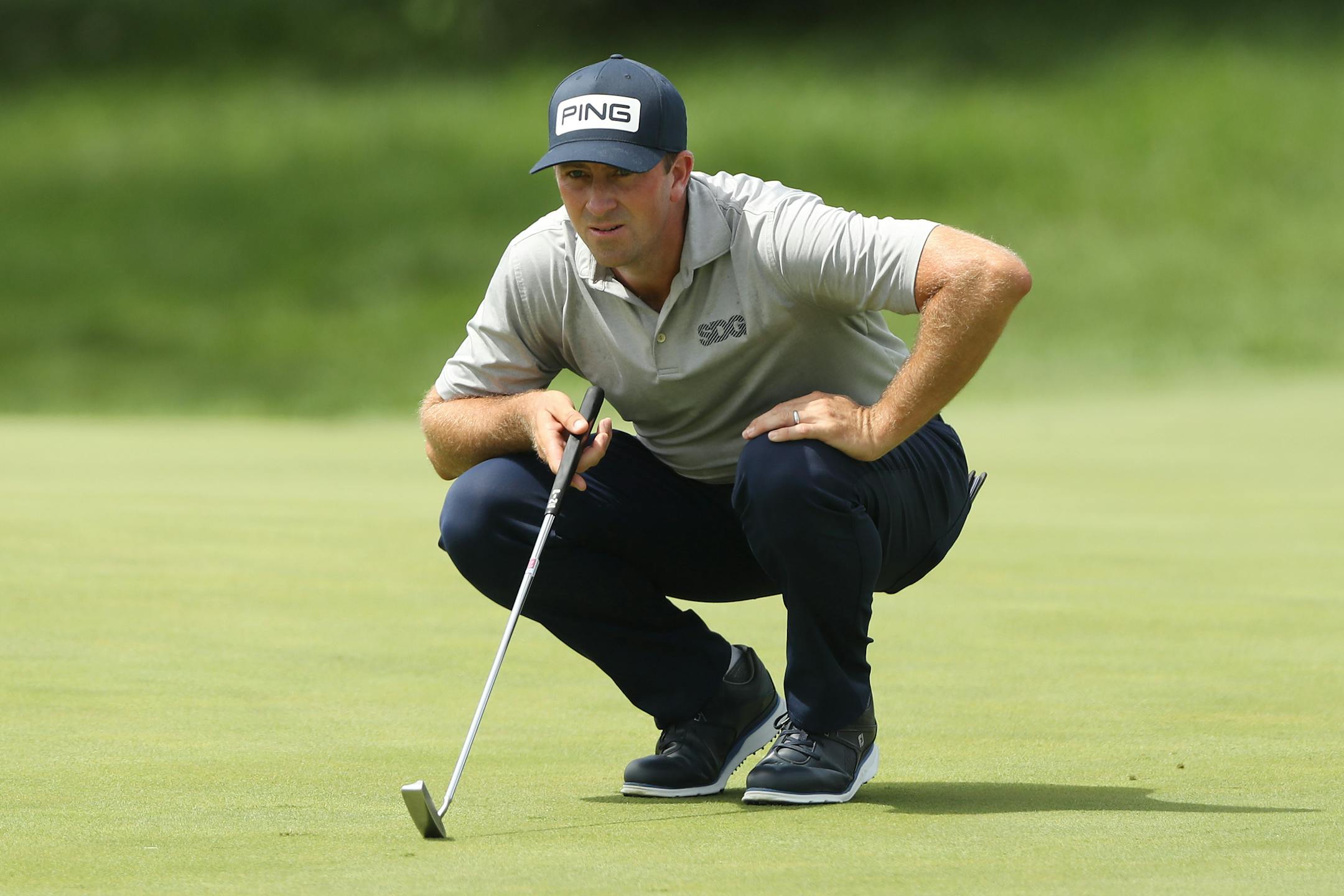 BLAINE, MINNESOTA - JULY 26: Michael Thompson of the United States looks over a putt on the first green during the final round of the 3M Open on July 26, 2020 at TPC Twin Cities in Blaine, Minnesota. (Photo by Matthew Stockman/Getty Images)