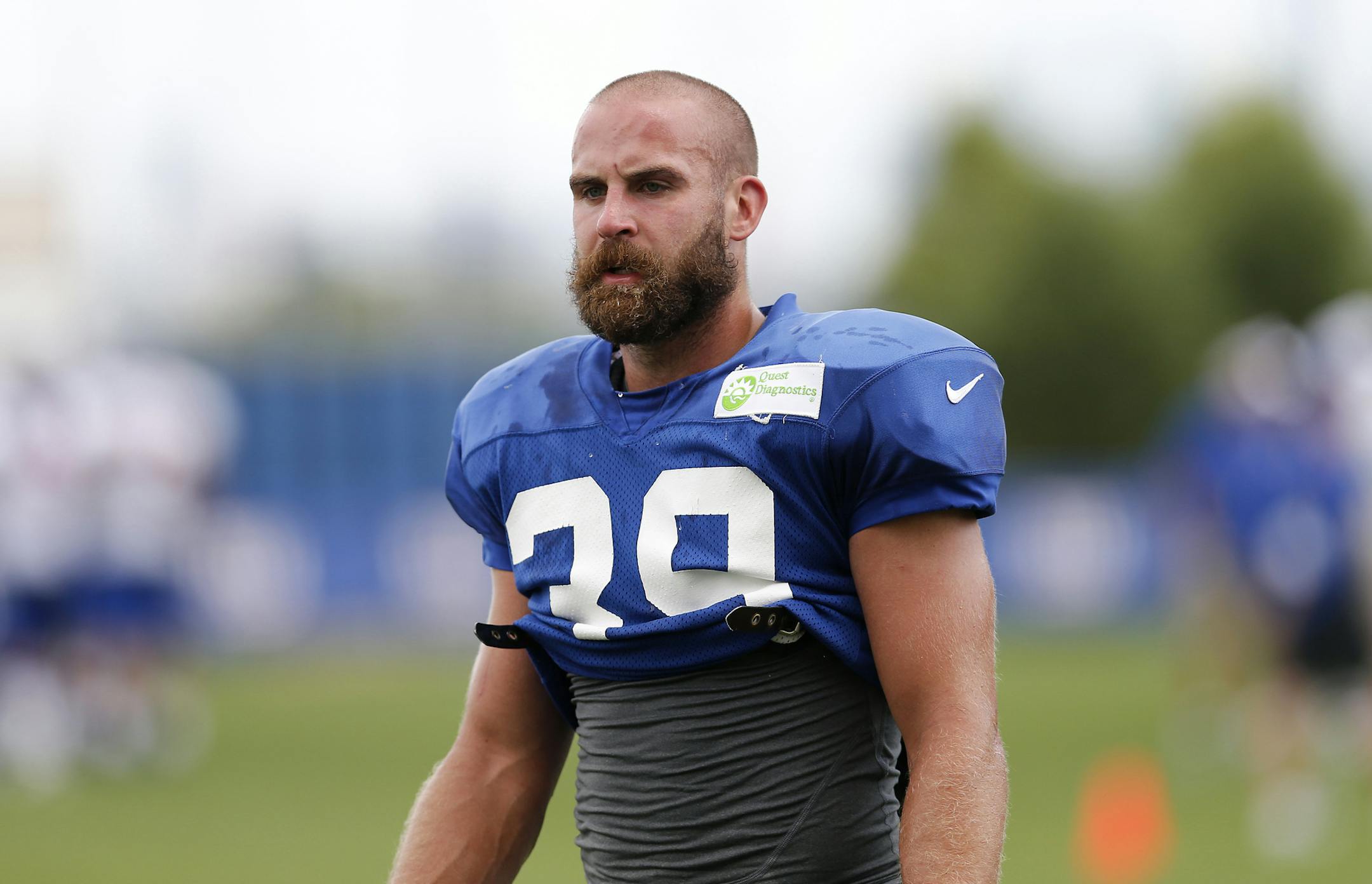 FILE ó Tyler Sash, a safety for the New York Giants, at training camp in East Rutherford, N.J., July 30, 2013. Sash, who was cut by the Giants in 2013 and died of an accidental overdose of pain medications in 2015, was found to have chronic traumatic encephalopathy, or CTE, the degenerative brain disease found in dozens of former NFL players. (Demetrius Freeman/The New York Times)