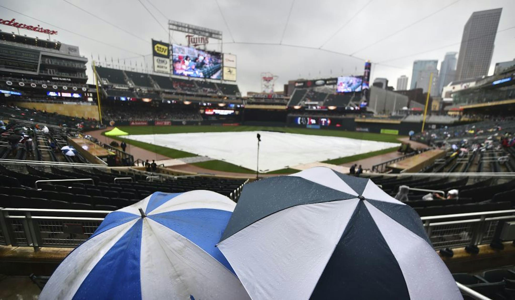 A couple of hardy fans wait out a rain delay under umbrellas before a baseball game between the Minnesota Twins and Chicago White Sox, Thursday, June 22, 2016, in Minneapolis.