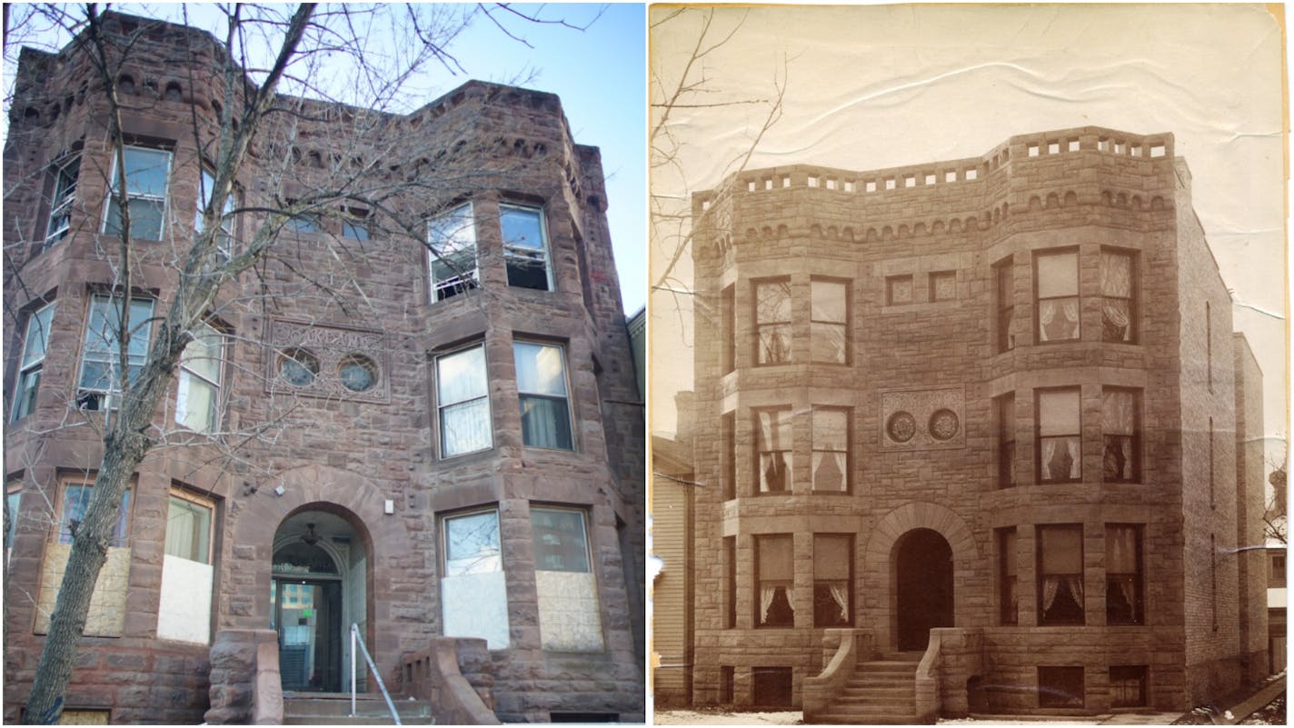 The Oakland apartments, as seen today and in the 1930s (right)