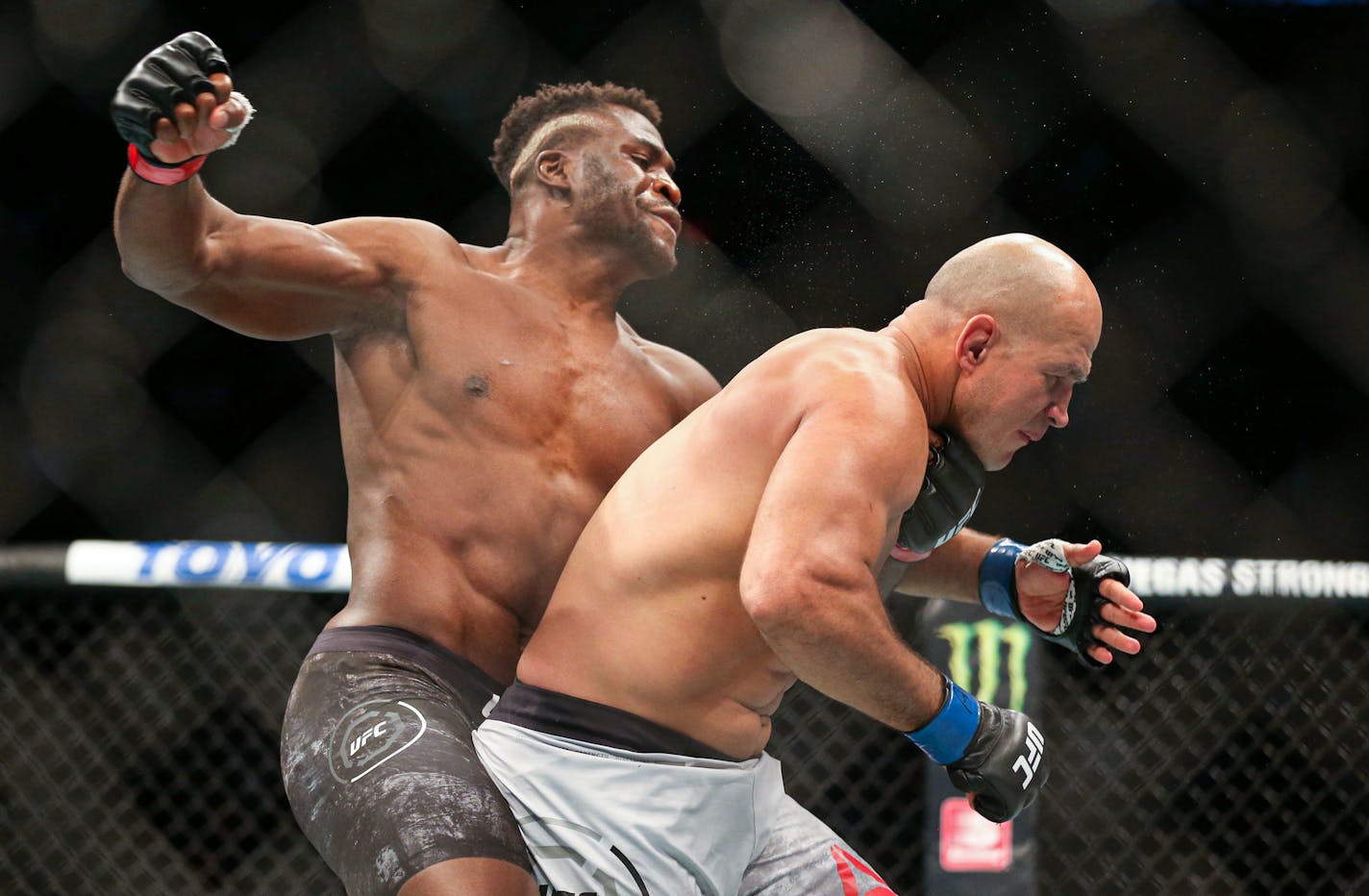 Francis Ngannou lands a decisive and heavy punch on former UFC heavyweight champion Junior Dos Santos. Ngannou won the bout with an early first round TKO.